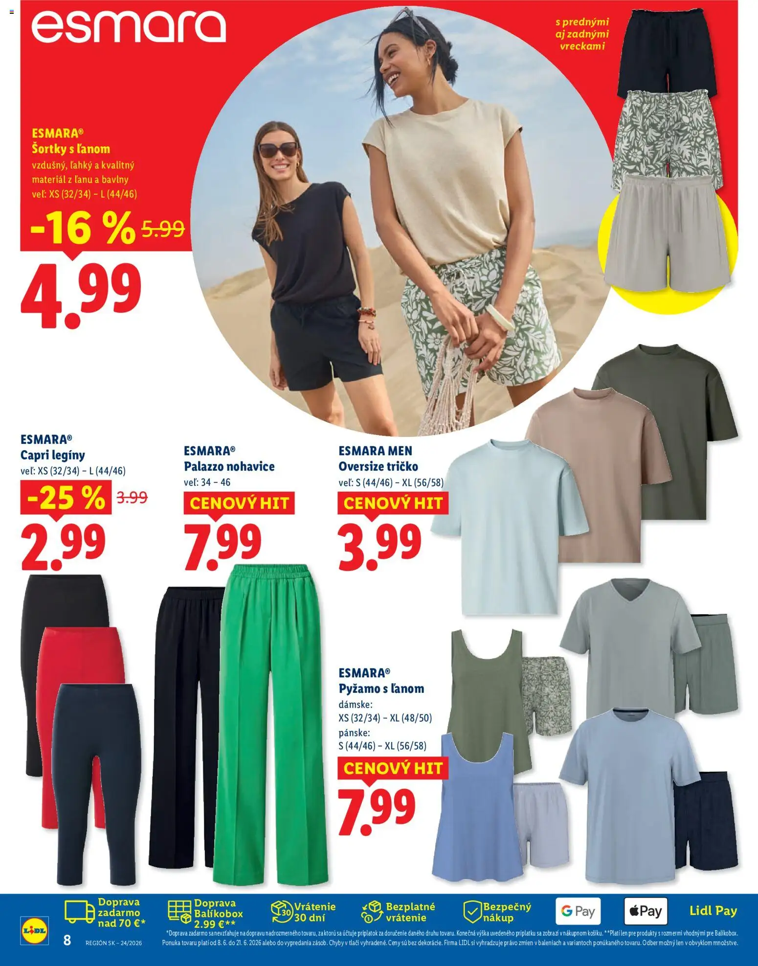Nové Lidl akcie – leták je platný od 08.06.2026 | Strana: 8 | Produkty: Tričko, Nohavice, Pyžamo, Legíny