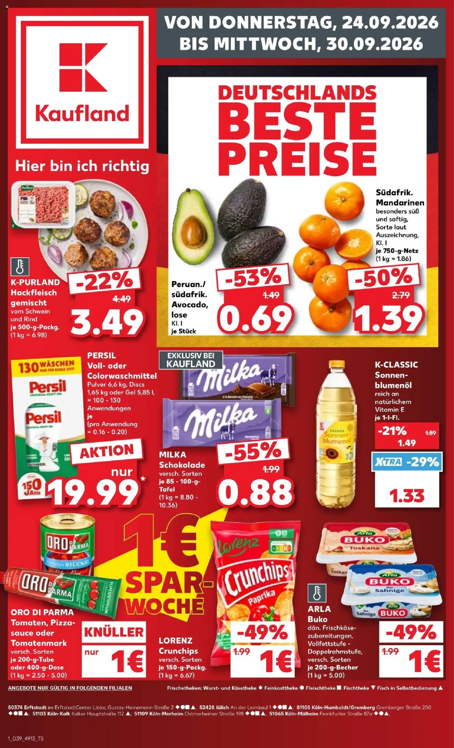 Kaufland Prospekt Köln – gültig ab 24.09.2026 | Seite: 1 | Produkte: Schokolade, Paprika, Wurst, Pizza