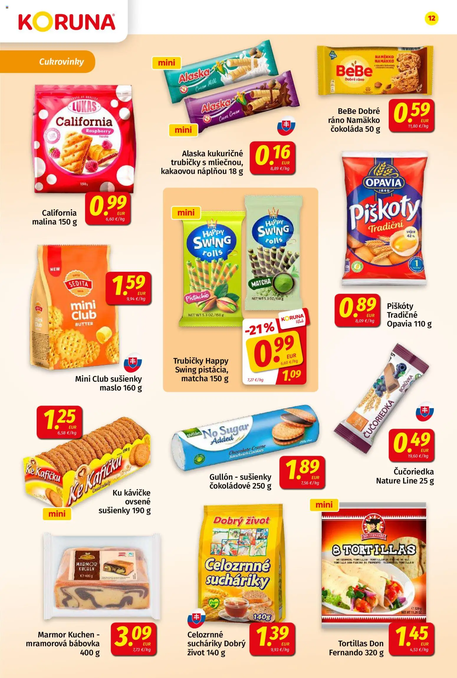 Nové Koruna akcie – leták je platný od 03.07.2026 | Strana: 12 | Produkty: BeBe Dobré ráno, Maslo, Tortilla, Čokoláda