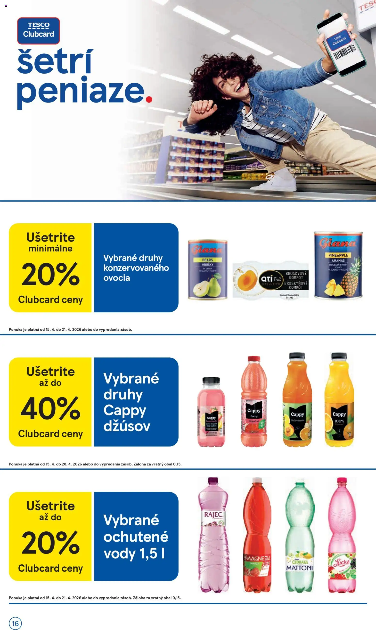 Nové Tesco akcie – leták je platný od 15.04.2026 | Strana: 16 | Produkty: Rajec, Magnesia, Mattoni, Hrušky