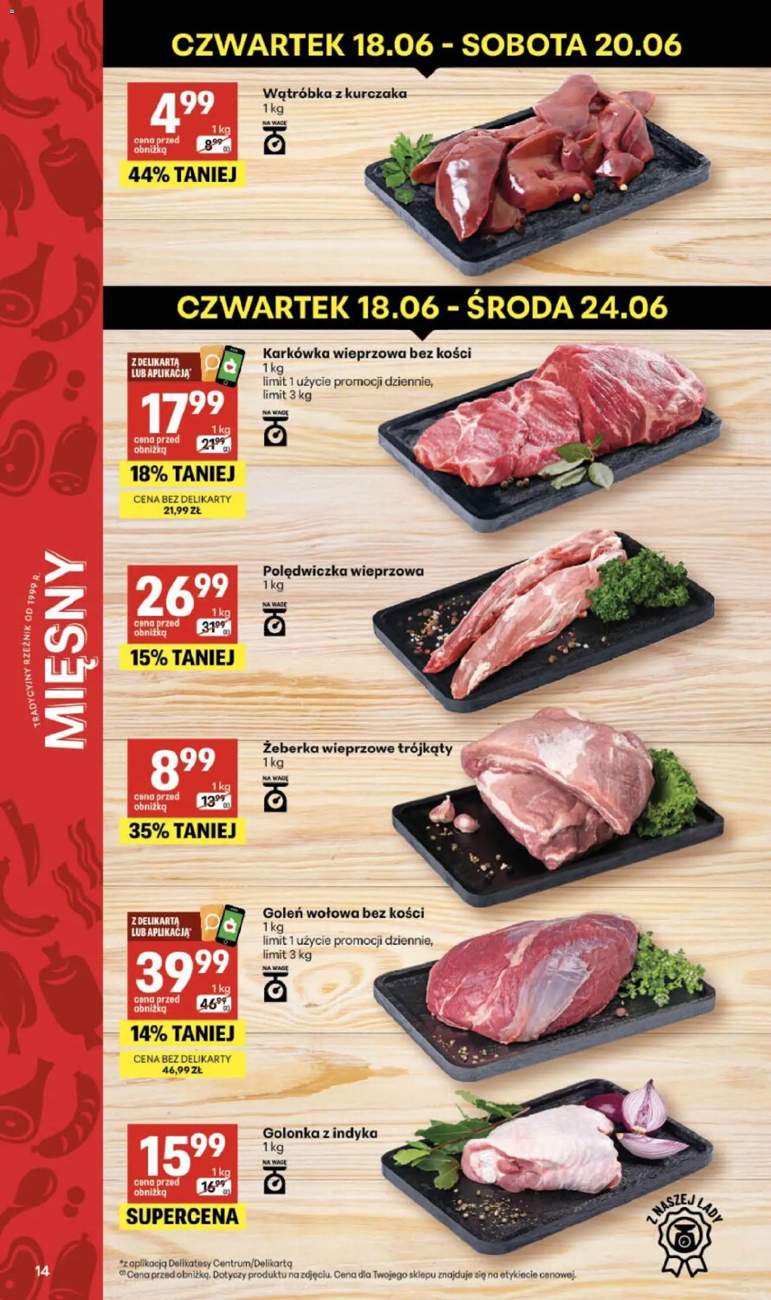 Delikatesy Centrum gazetka od 18.06.2026 | Strona: 14 | Produkty: Karkówka wieprzowa, Wątróbka, Polędwiczka wieprzowa, Delikatesy