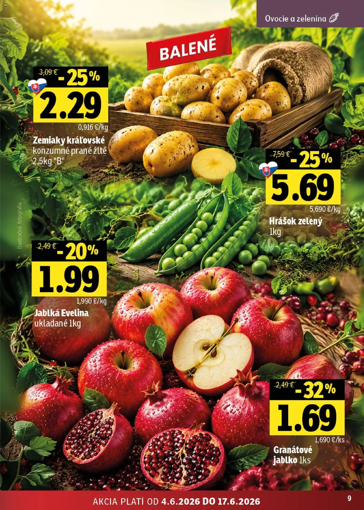 Nové Fresh akcie – leták je platný od 04.06.2026 | Strana: 9 | Produkty: Jablká, Hrášok, Zemiaky, Ovocie