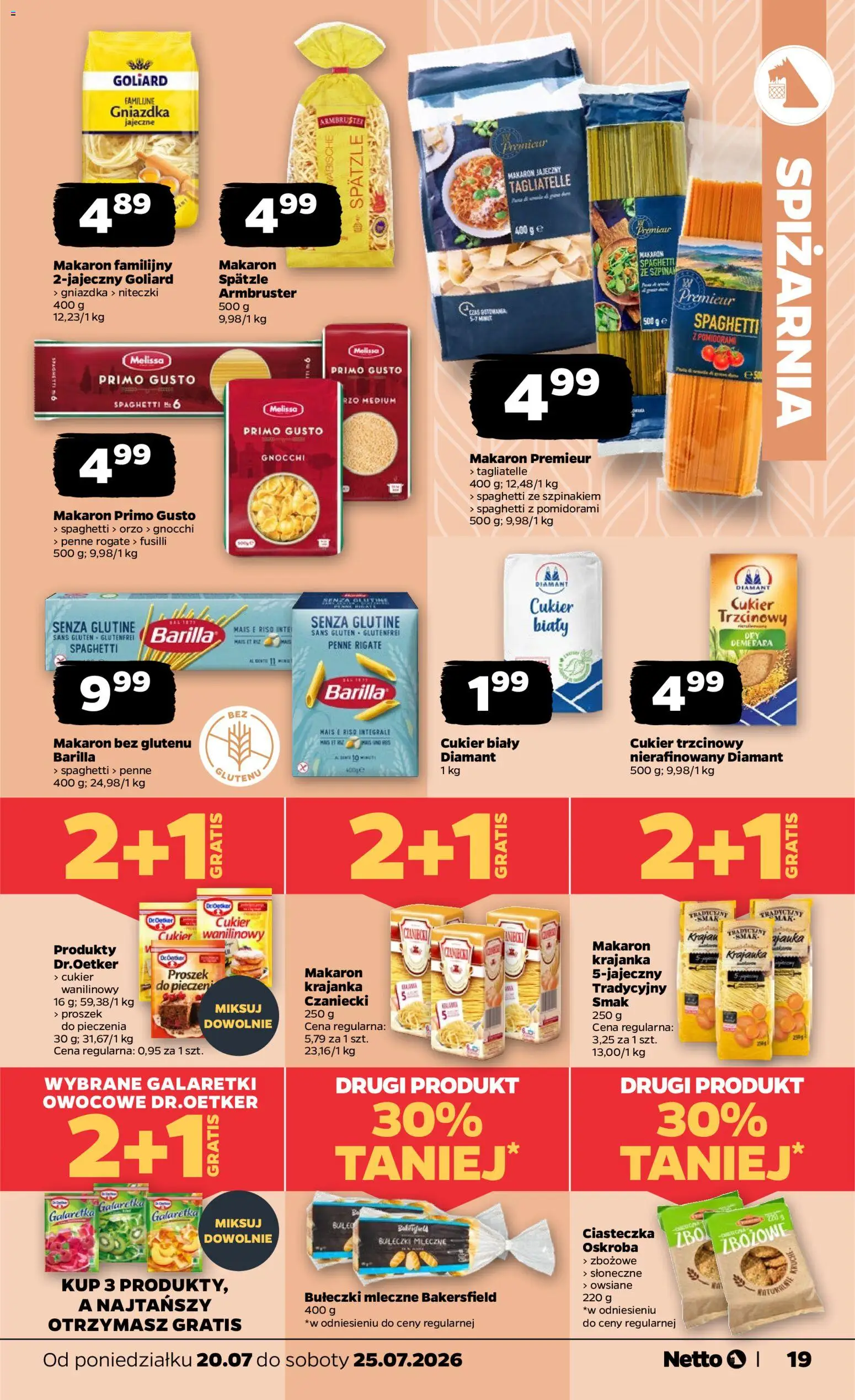 Netto gazetka od poniedziałku od 20.07.2026 | Strona: 19 | Produkty: Spaghetti, Penne, Gnocchi, Cukier trzcinowy