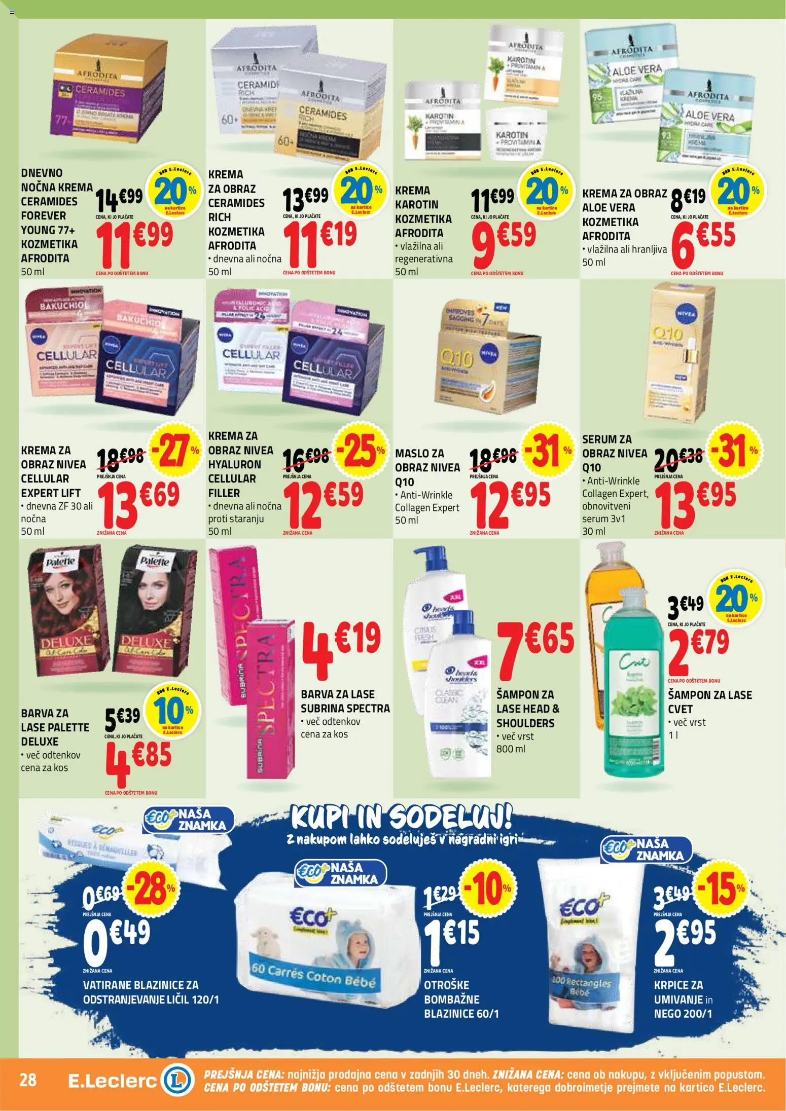Novi E.leclerc katalog ponudbe – veljaven od 09.09.2026 | Stran: 28 | Izdelki: Kos, Sampon, Maslo, Krema za obraz
