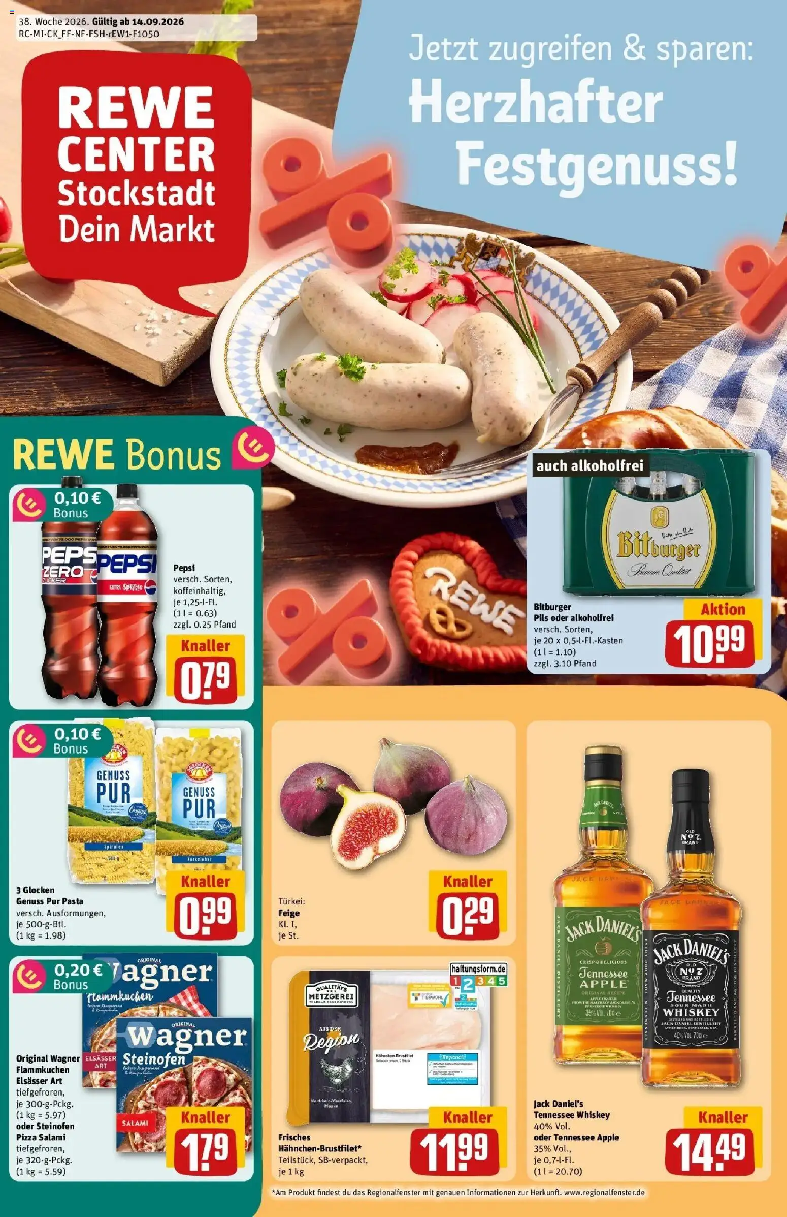 REWE Prospekt ab 14.09.2026 zum Blättern » Angebote | Seite: 1 | Produkte: Bitburger, Hahnchen, Zucker, Pizza