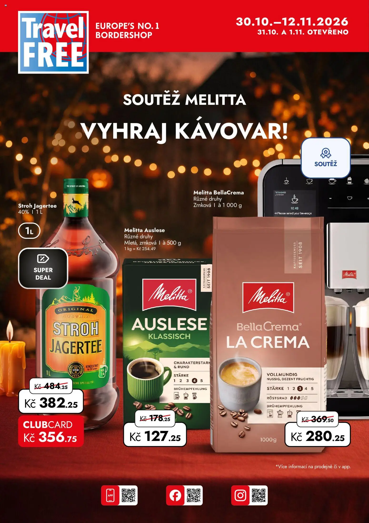 Travel Free leták od 30.10.2026 | Strana: 1 | Produkty: Stroh Jagertee, Kávovar, Crema