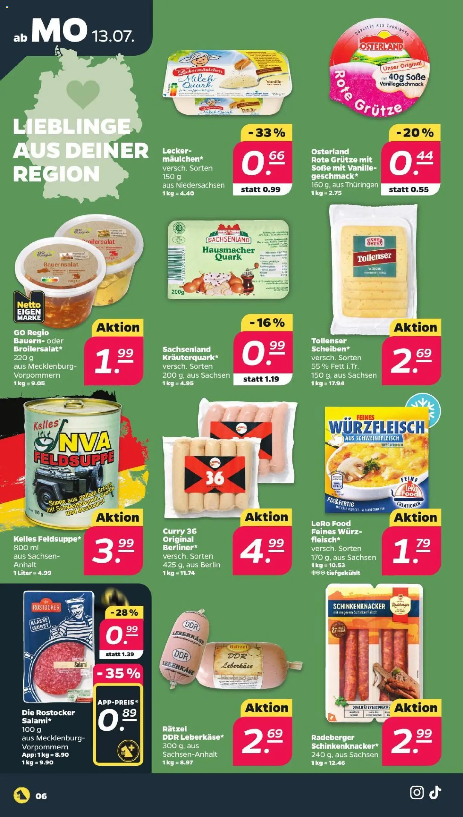 Netto Prospekt – gültig ab 13.07.2026 | Seite: 6 | Produkte: Milch, Käse, Schweinefleisch, Erbsen