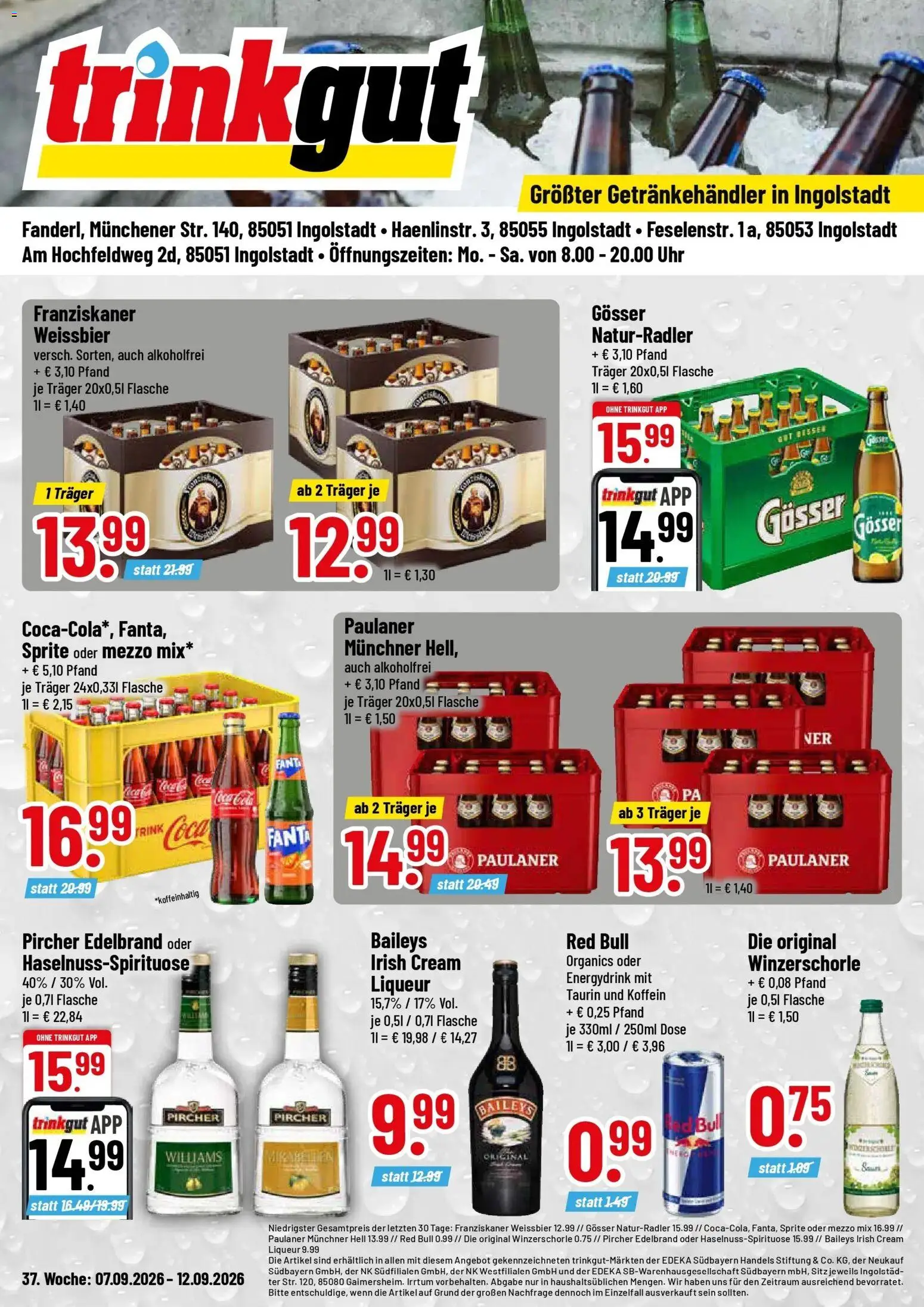 Trinkgut Prospekt Ingolstadt (ab 07.09.2026) » Angebote online | Seite: 1 | Produkte: Franziskaner, Fanta, Weißbier, Oder mezzo mix