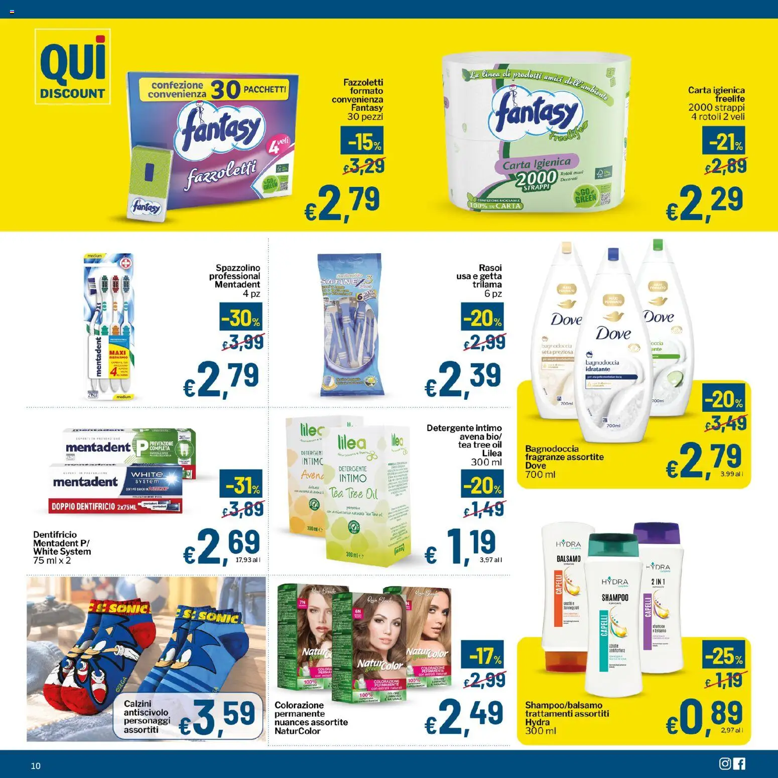 Volantino Qui Discount del 20/10/2026 | Pagina: 10 | Prodotti: Carta igienica, Dentifricio, Detergente intimo, Intimo