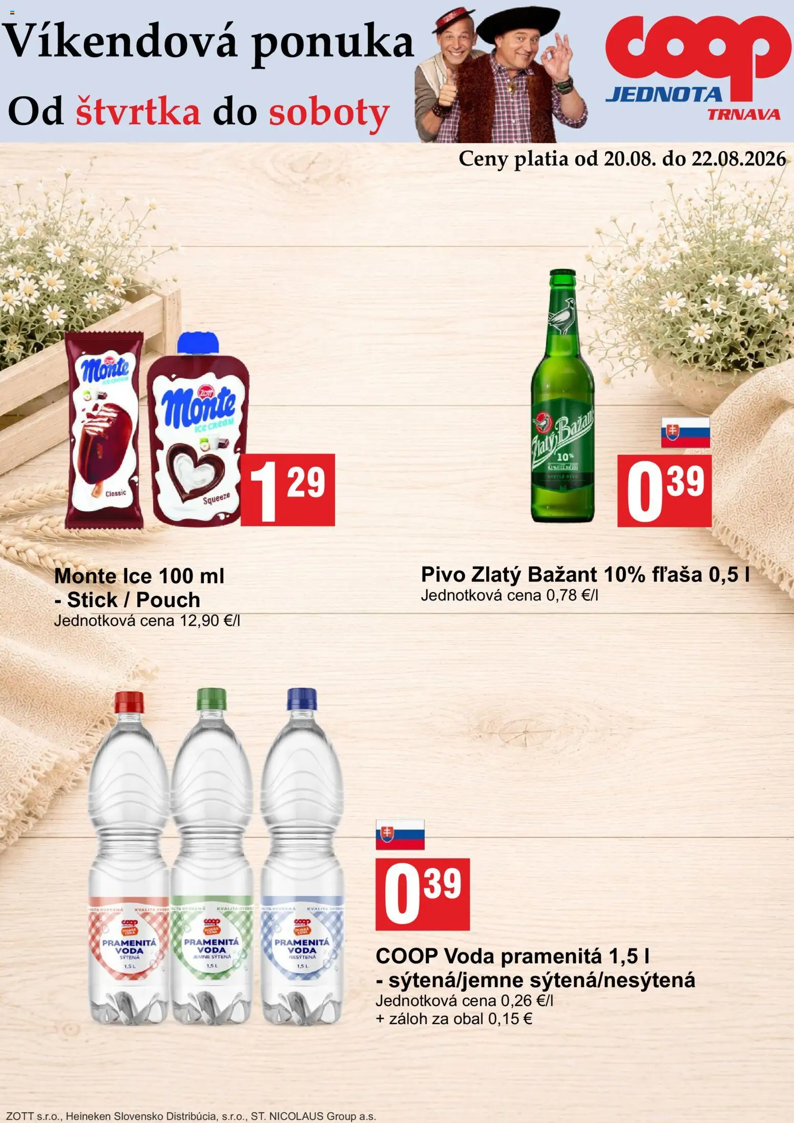 Nové COOP Jednota akcie – leták je platný od 20.08.2026 | Strana: 2 | Produkty: Pivo, Pramenitá voda, Zlatý Bažant, Heineken