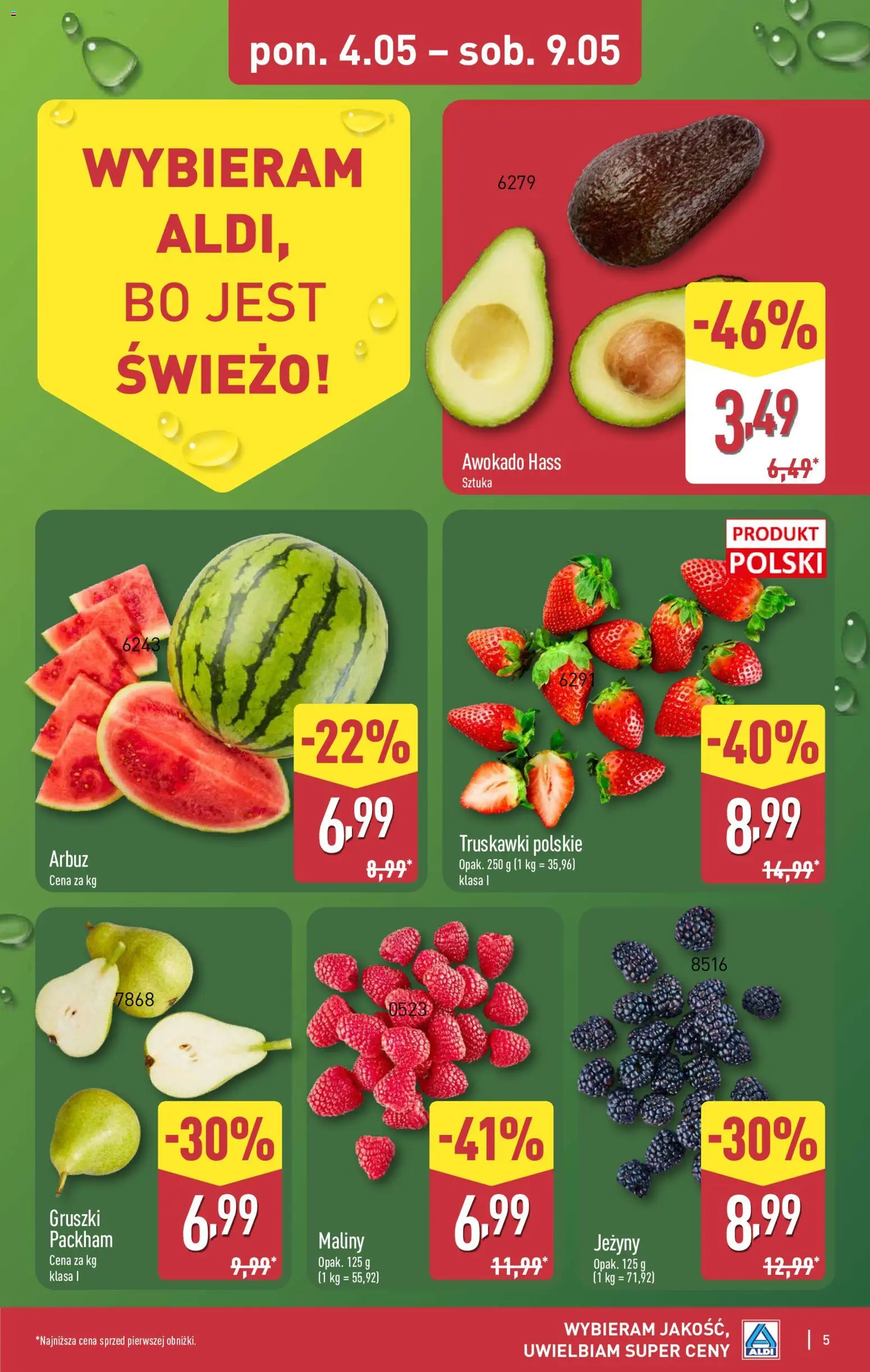 Aldi gazetka od 04.05.2026 | Strona: 5 | Produkty: Maliny, Jeżyny, Truskawki, Awokado