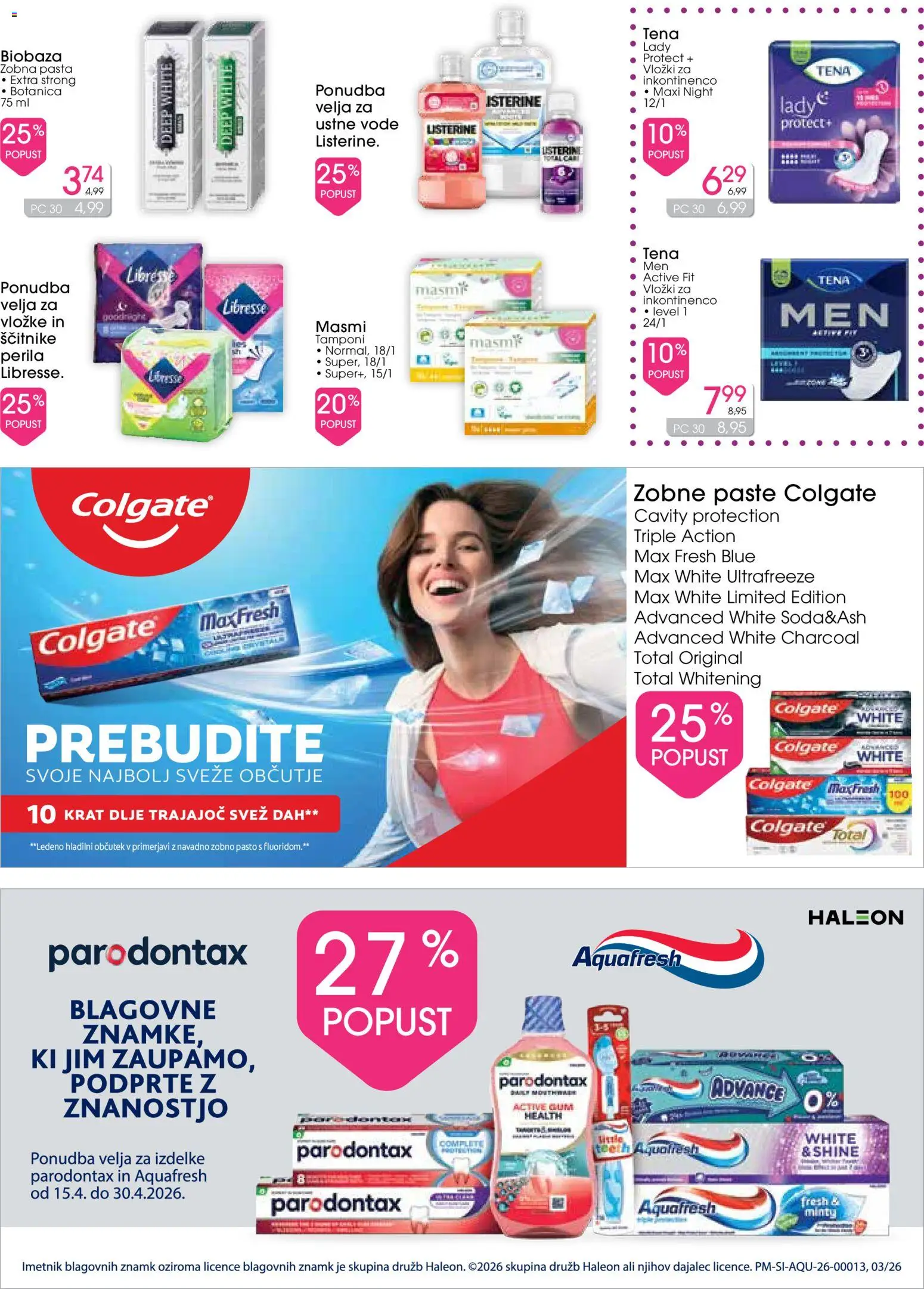 Novi Tuš drogerija katalog ponudbe – veljaven od 15.04.2026 | Stran: 9 | Izdelki: Vložki, Tamponi, Zobna pasta, Voda