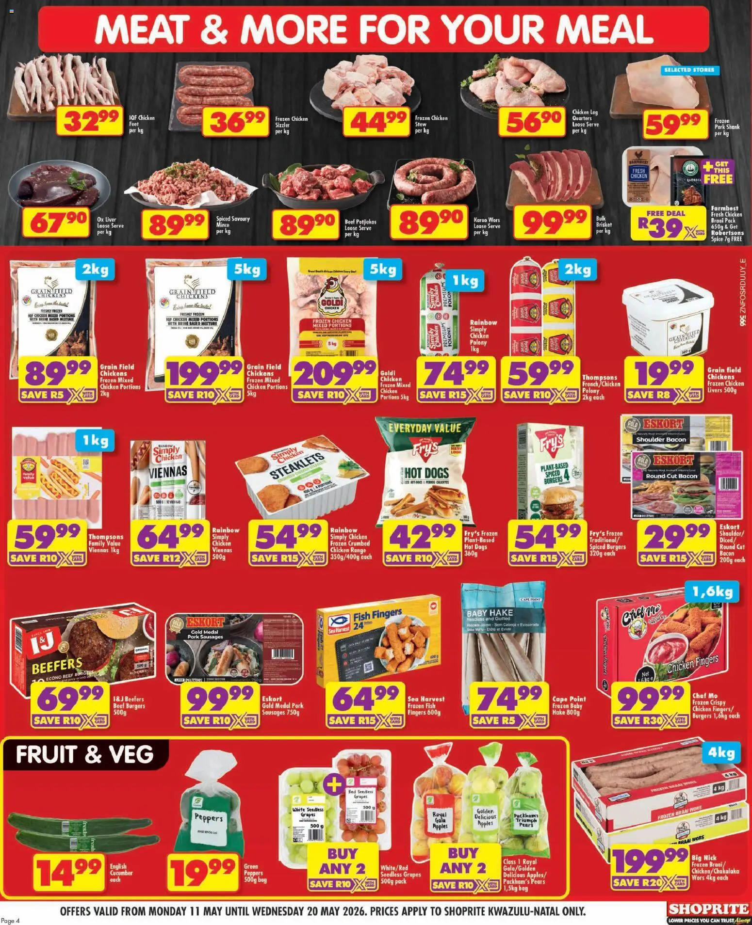 New Shoprite catalogue – valid from 11.05.2026 | Page: 4 | Products: Drone, Hot dogs, Fruit, Sausage
