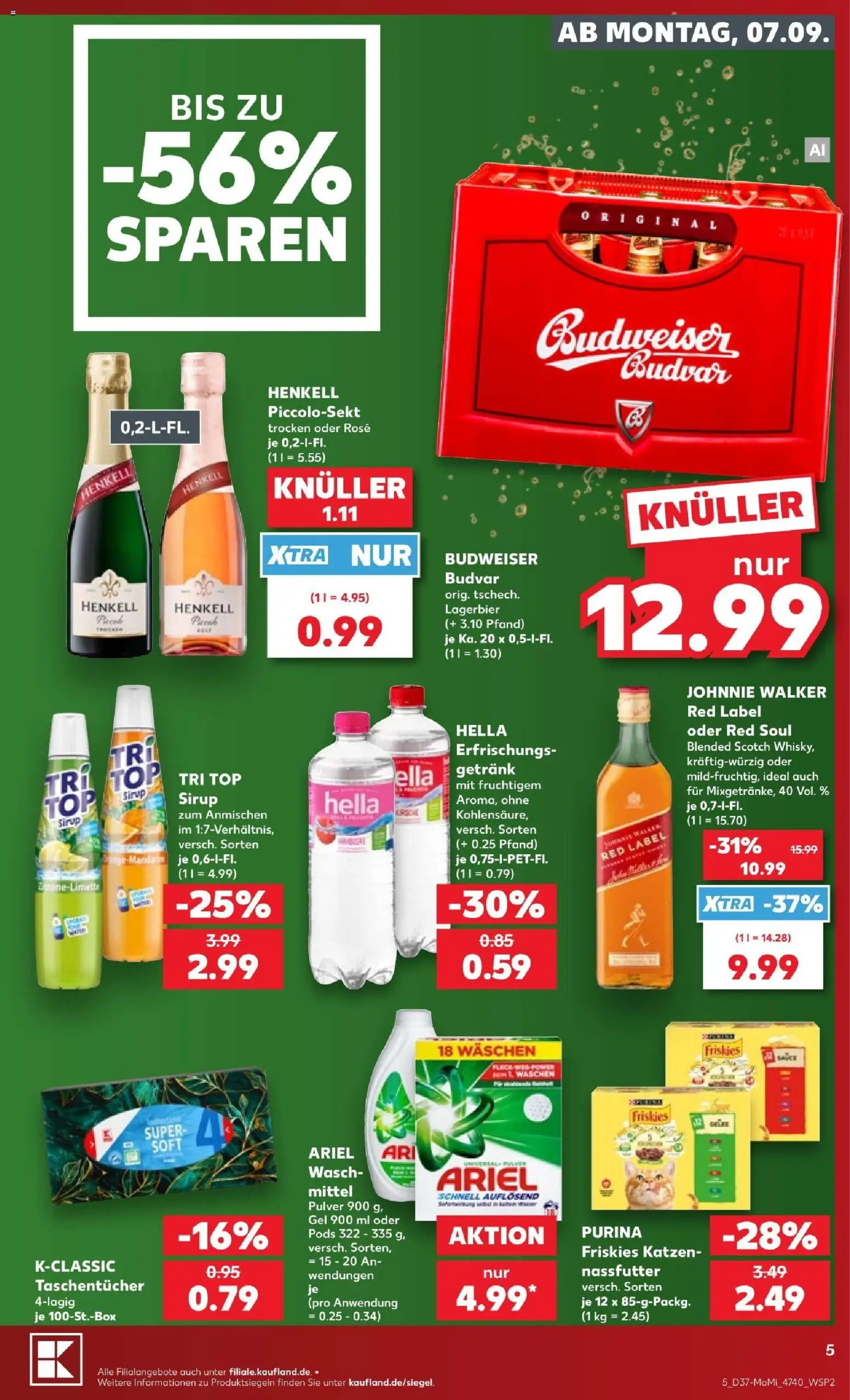 Kaufland Německo leták - Wochenstart od 07.09.2026 | Strana: 5 | Produkty: Budvar, Purina, Red Label, Ariel
