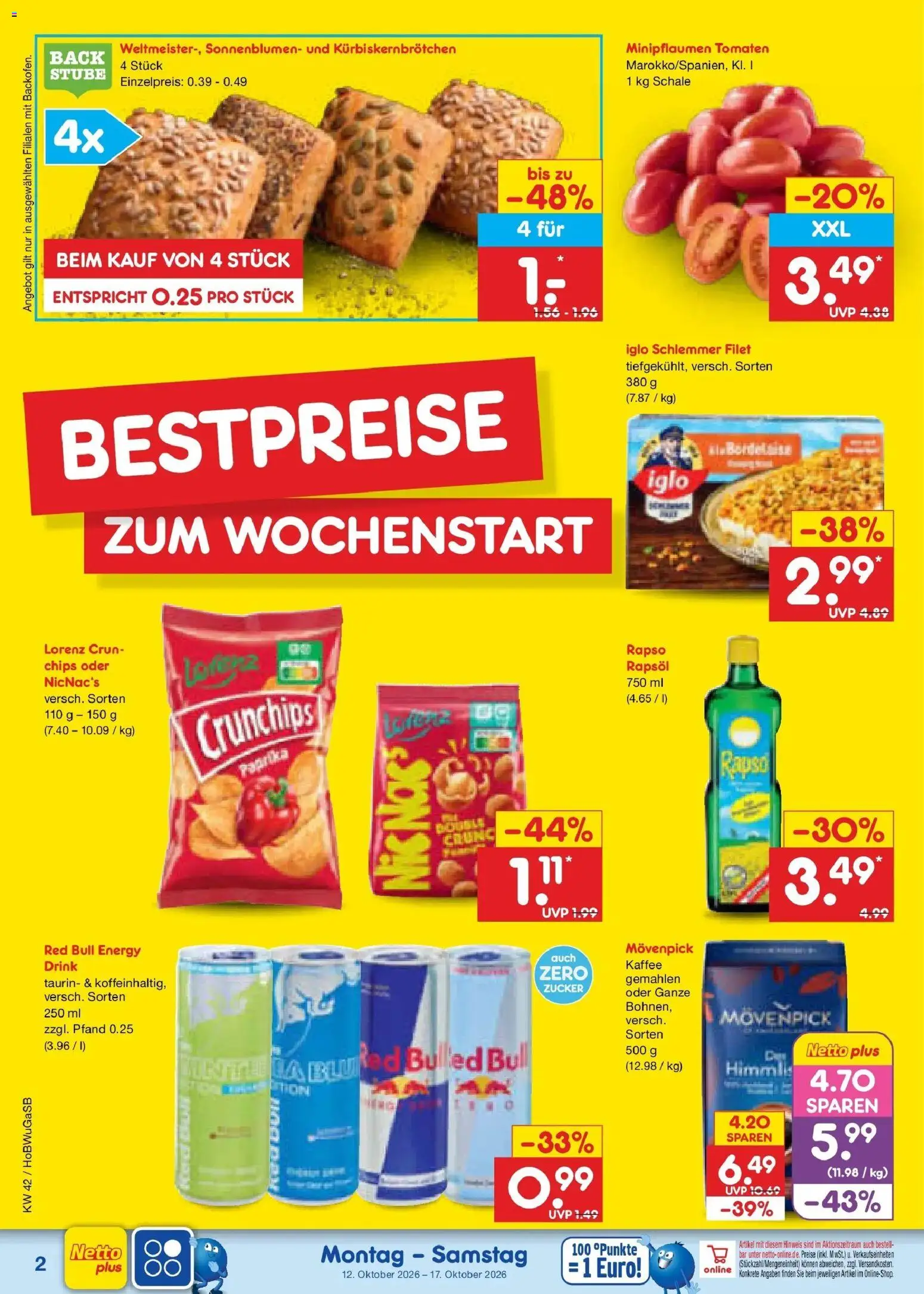 Netto Marken-Discount Prospekt Oldenburg (ab 12.10.2026) » Angebote | Seite: 2 | Produkte: Red bull, Tomaten, Zucker, Chips