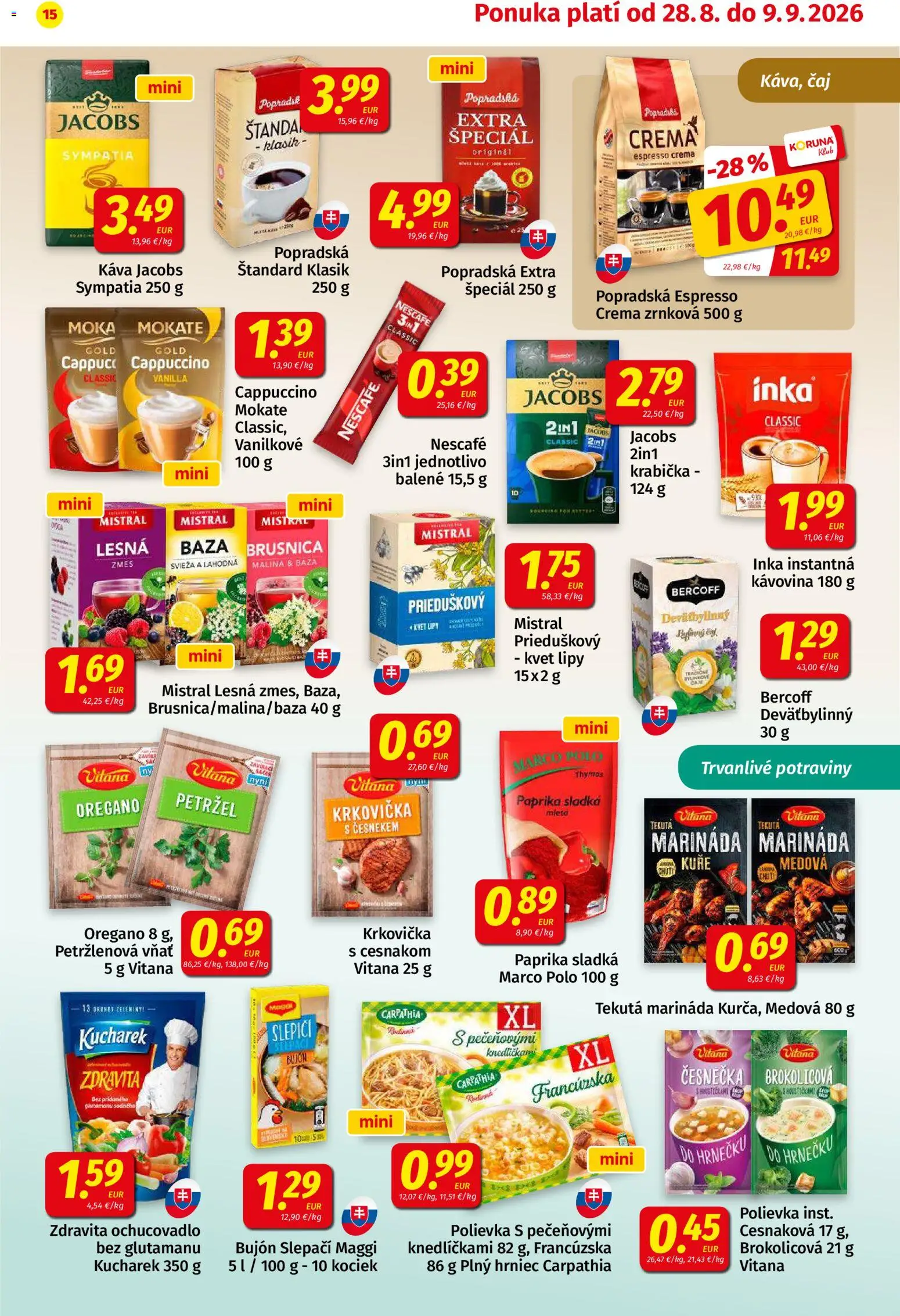 Nové Koruna akcie – leták je platný od 14.08.2026 | Strana: 15 | Produkty: Káva, Popradská káva, Bujón, Cappuccino
