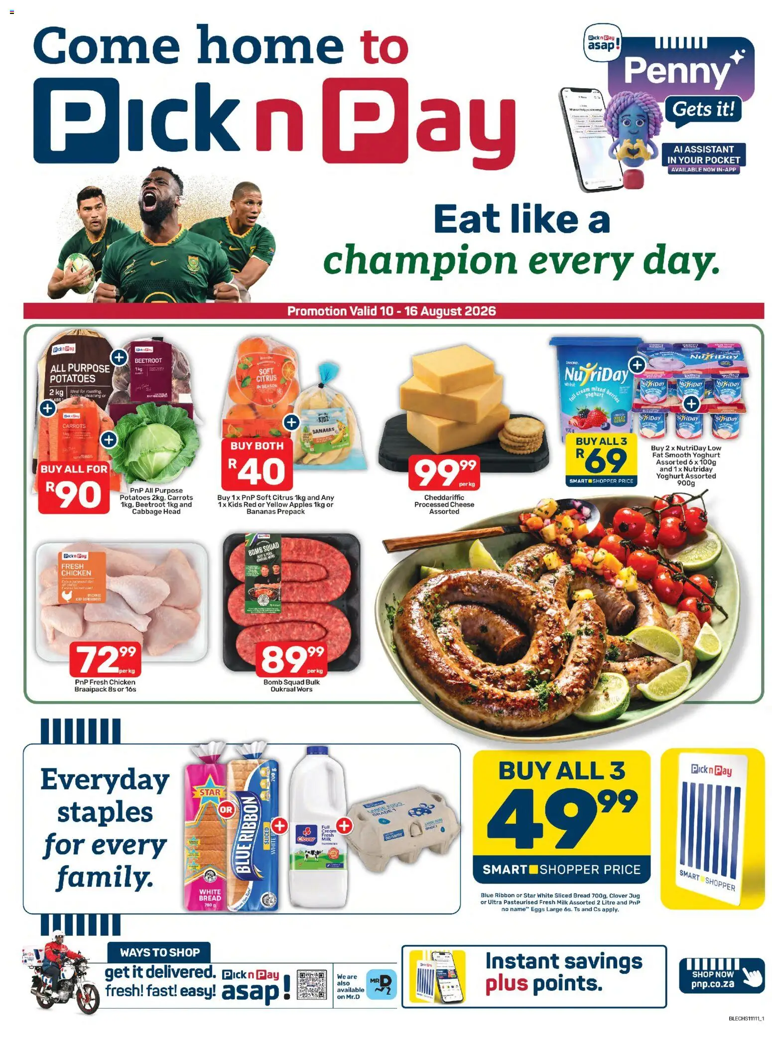 New Pick n Pay catalogue – valid from 10/08/2026 | Page: 1 | Products: Milk, Chicken, Apples, Bananas