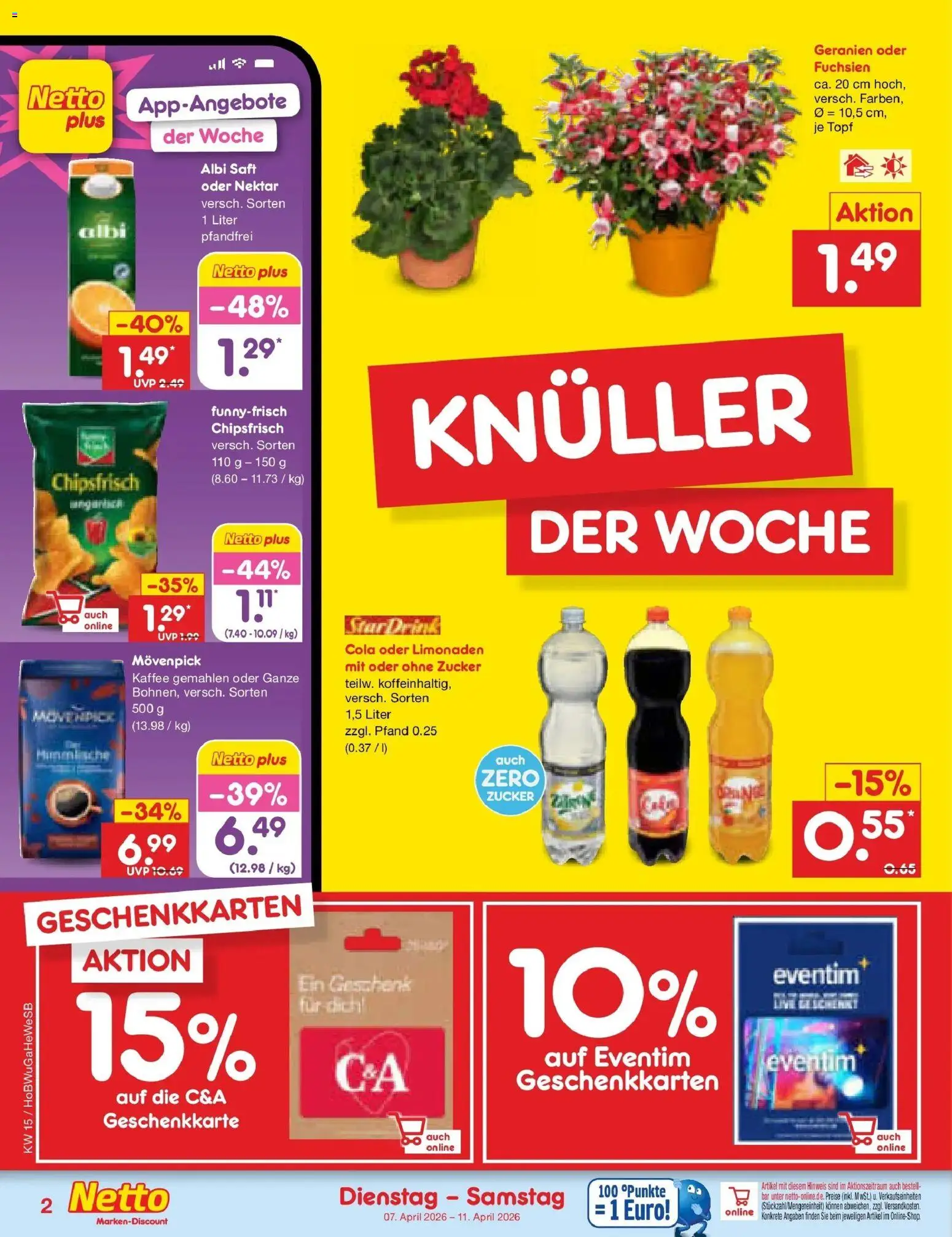 Netto Marken-Discount Prospekt Hamburg	 – gültig ab 07.04.2026 | Seite: 2 | Produkte: Cola, Geranien, Zucker, Saft