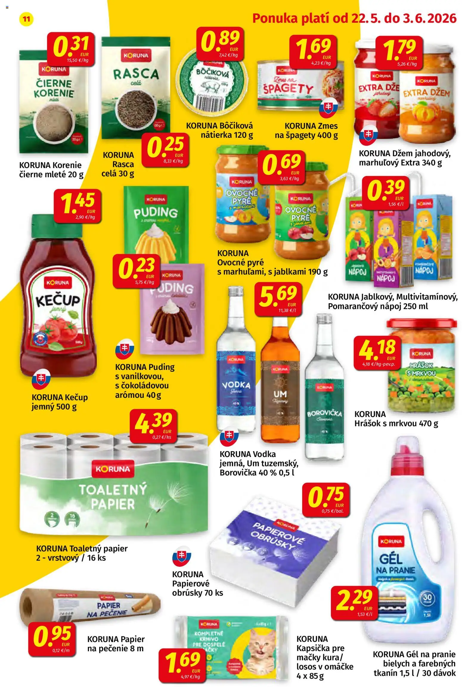 Nové Koruna akcie – leták je platný od 22.05.2026 | Strana: 11 | Produkty: Puding, Toaletný papier, Losos, Korenie