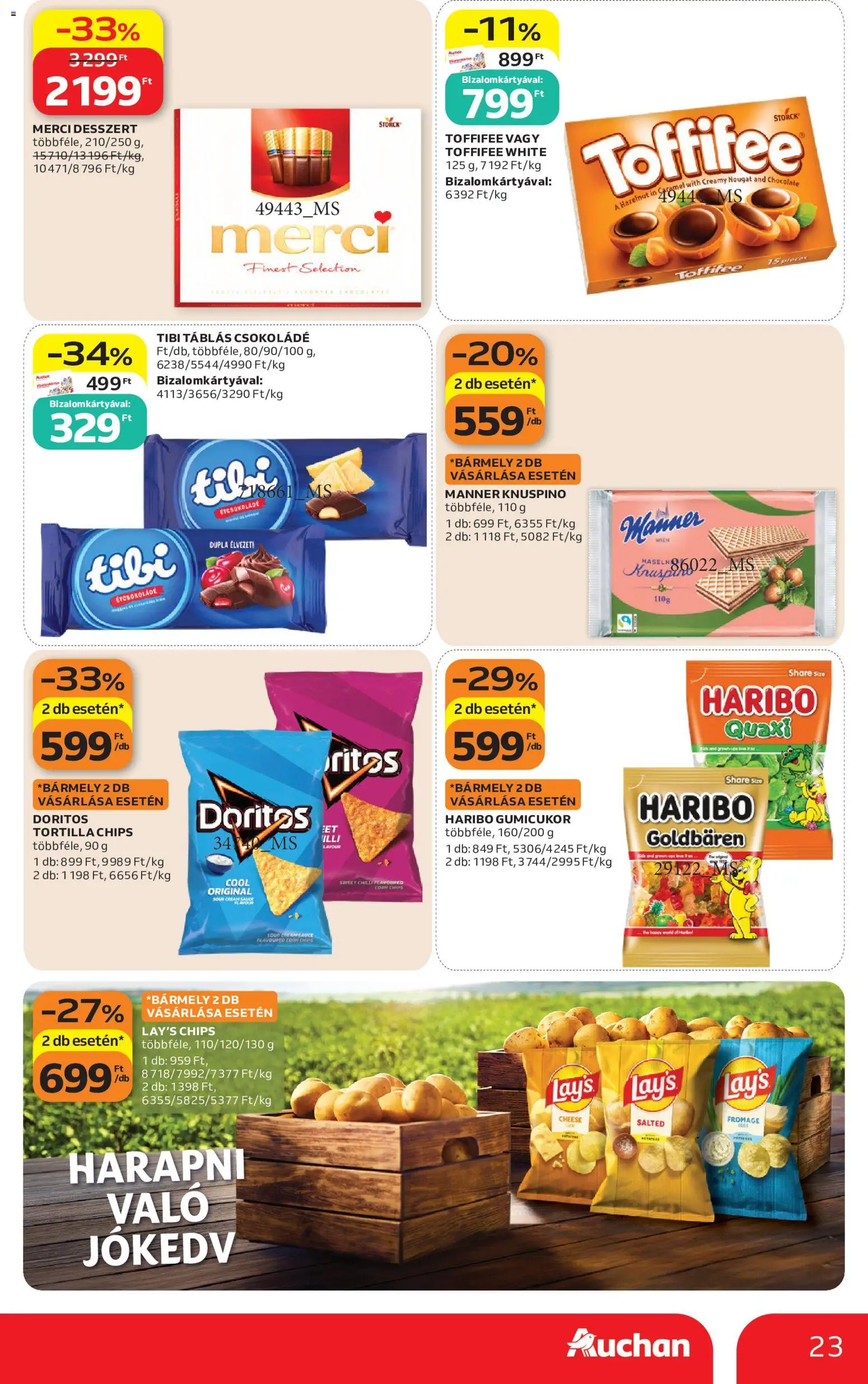 Auchan akciós ujság - amely érvényes a következő dátumtól: 2026.09.17. | Oldal: 23 | Termékek: Haribo, Chips, Gumicukor, Toffifee