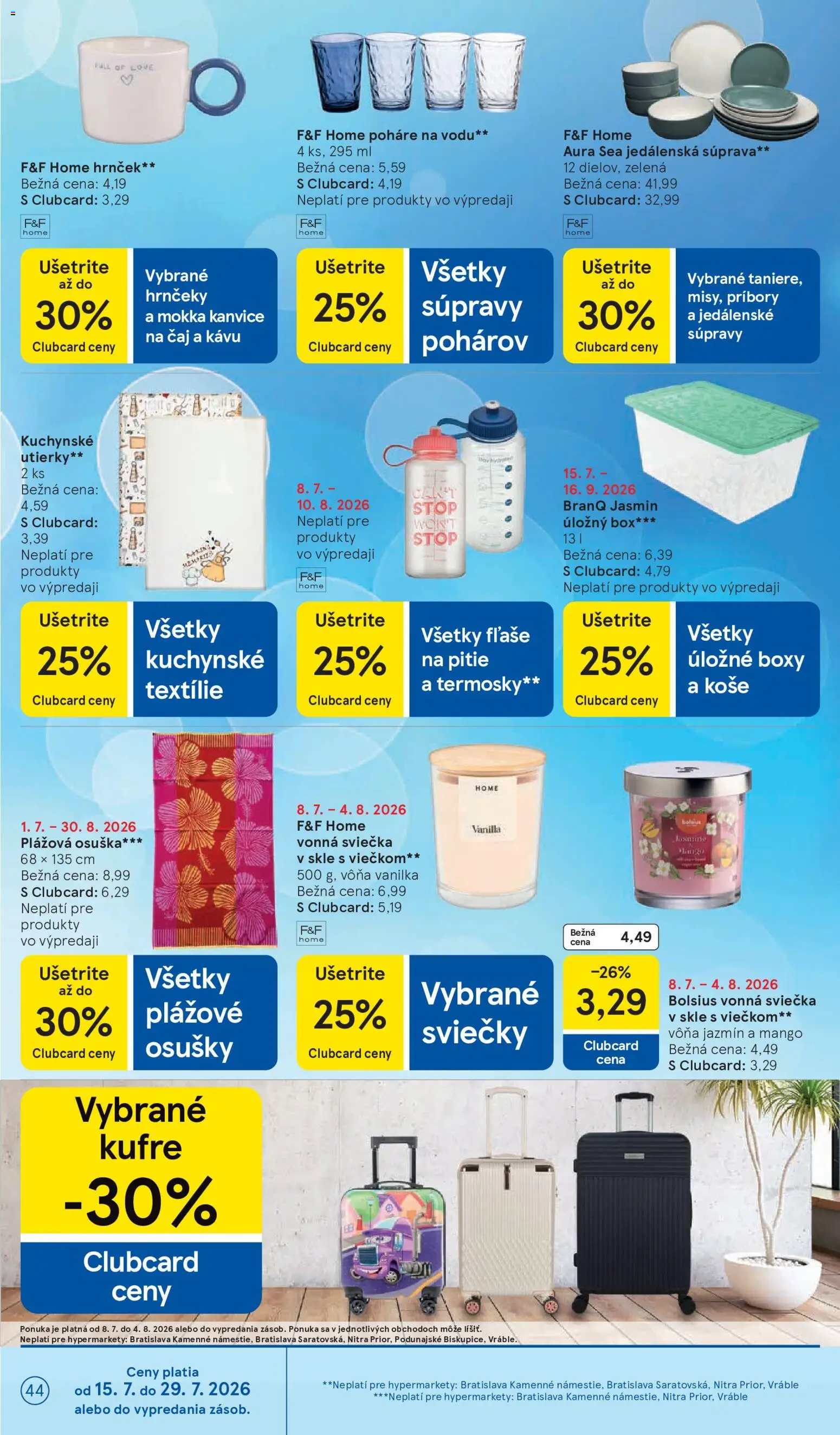 Nové Tesco akcie – leták je platný od 22.07.2026 | Strana: 44 | Produkty: Úložné boxy, Poháre, Sviečky, Utierky