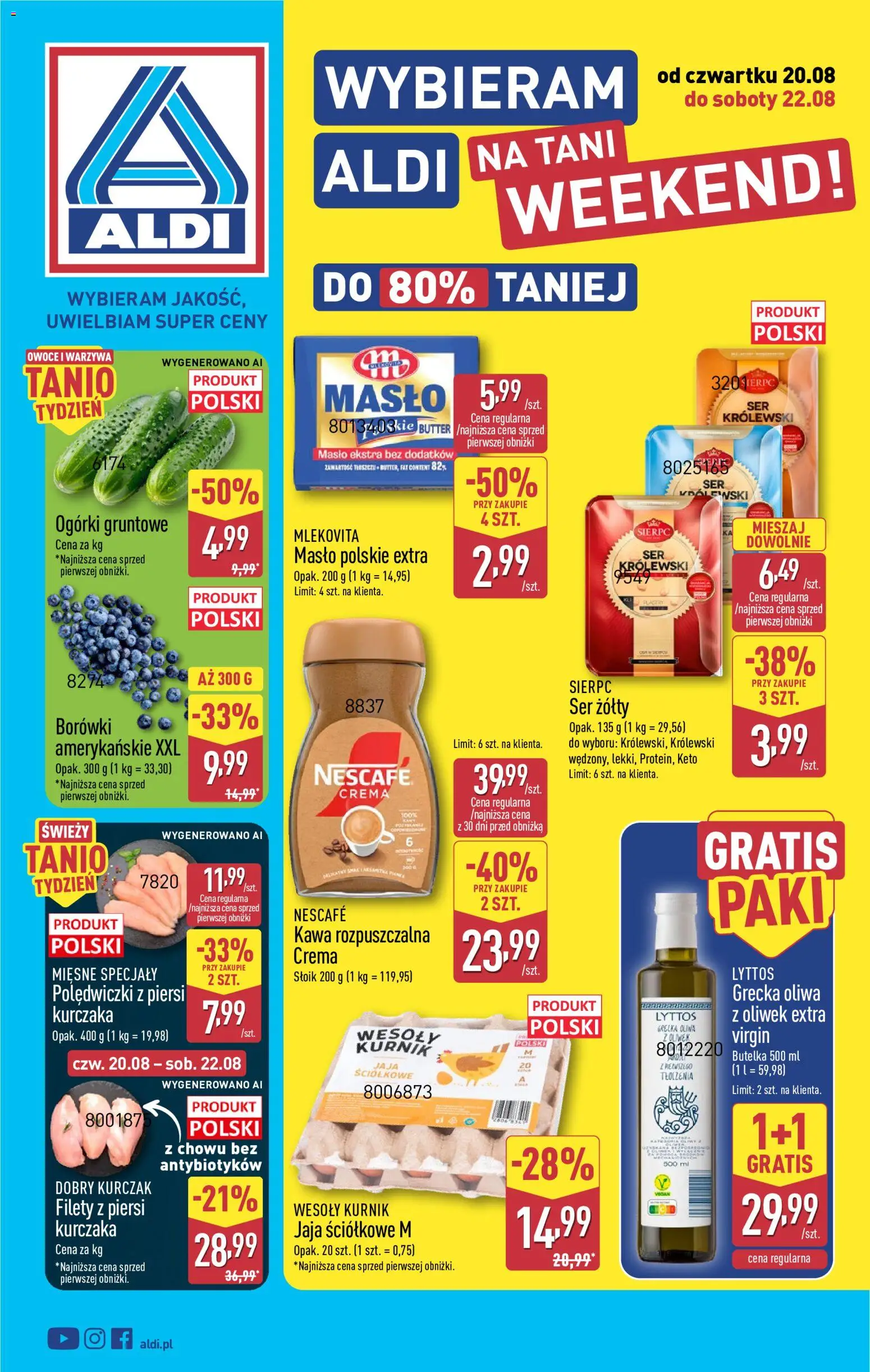 Aldi gazetka - Oferta weekendowa od 20.08.2026 | Strona: 1 | Produkty: Borówki, Polędwiczki, Masło, Owoce
