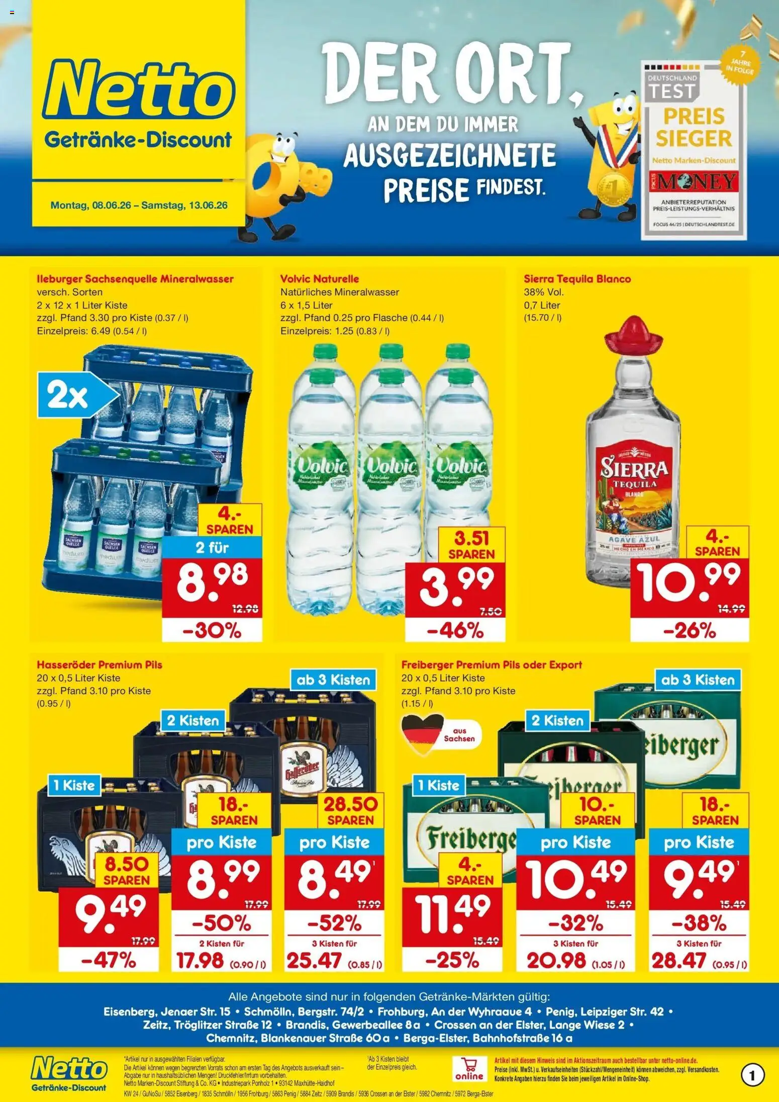 Netto Marken-Discount Prospekt Brandis – gültig ab 08.06.2026 | Seite: 1 | Produkte: Mineralwasser, Tequila, Hasseröder, Volvic