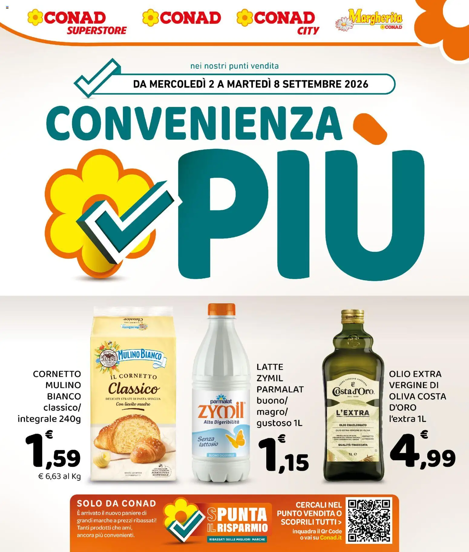 Volantino Conad del 02/09/2026 | Pagina: 1 | Prodotti: Cornetto, Olio extra vergine, Lievito, Senza lattosio