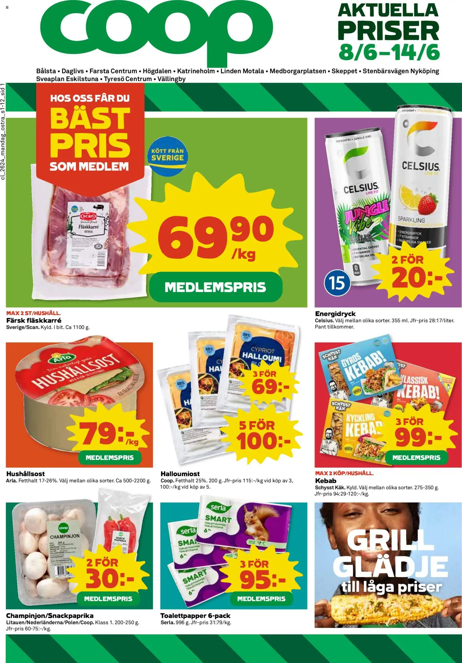 Coop Daglivs reklamblad aktuell från 08.06.2026 | Sida: 1 | Produkter: Grill, Toalettpapper, Halloumi, Energidryck