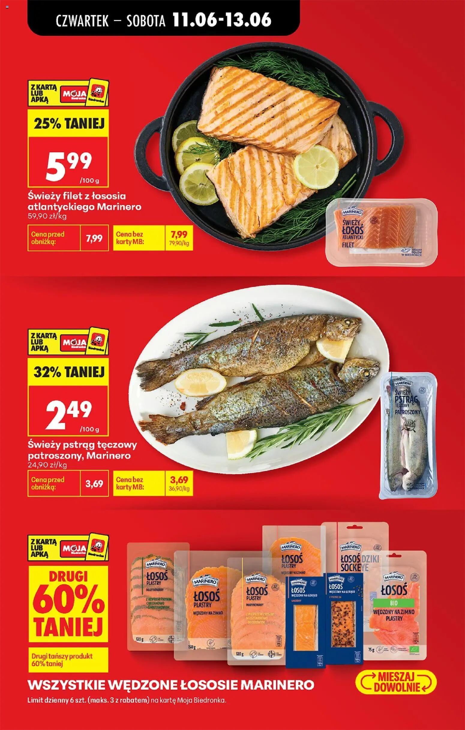 Biedronka gazetka od czwartku od 11.06.2026 | Strona: 4 | Produkty: Pstrąg tęczowy, Łosoś wędzony, Świeży pstrąg, Filet z łososia