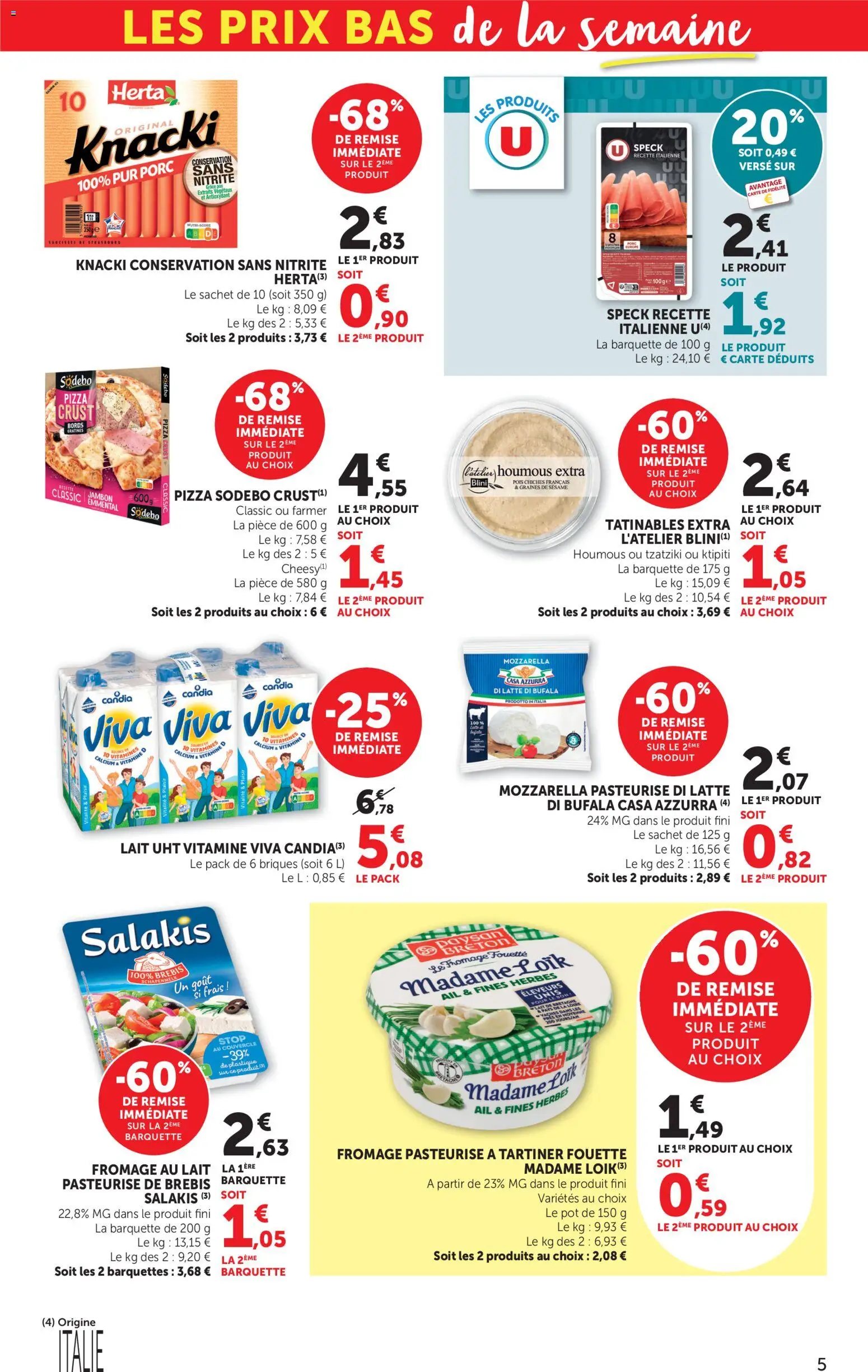 {H1} | Page: 5 | Produits: Emmental, Mozzarella, Houmous, Knacki