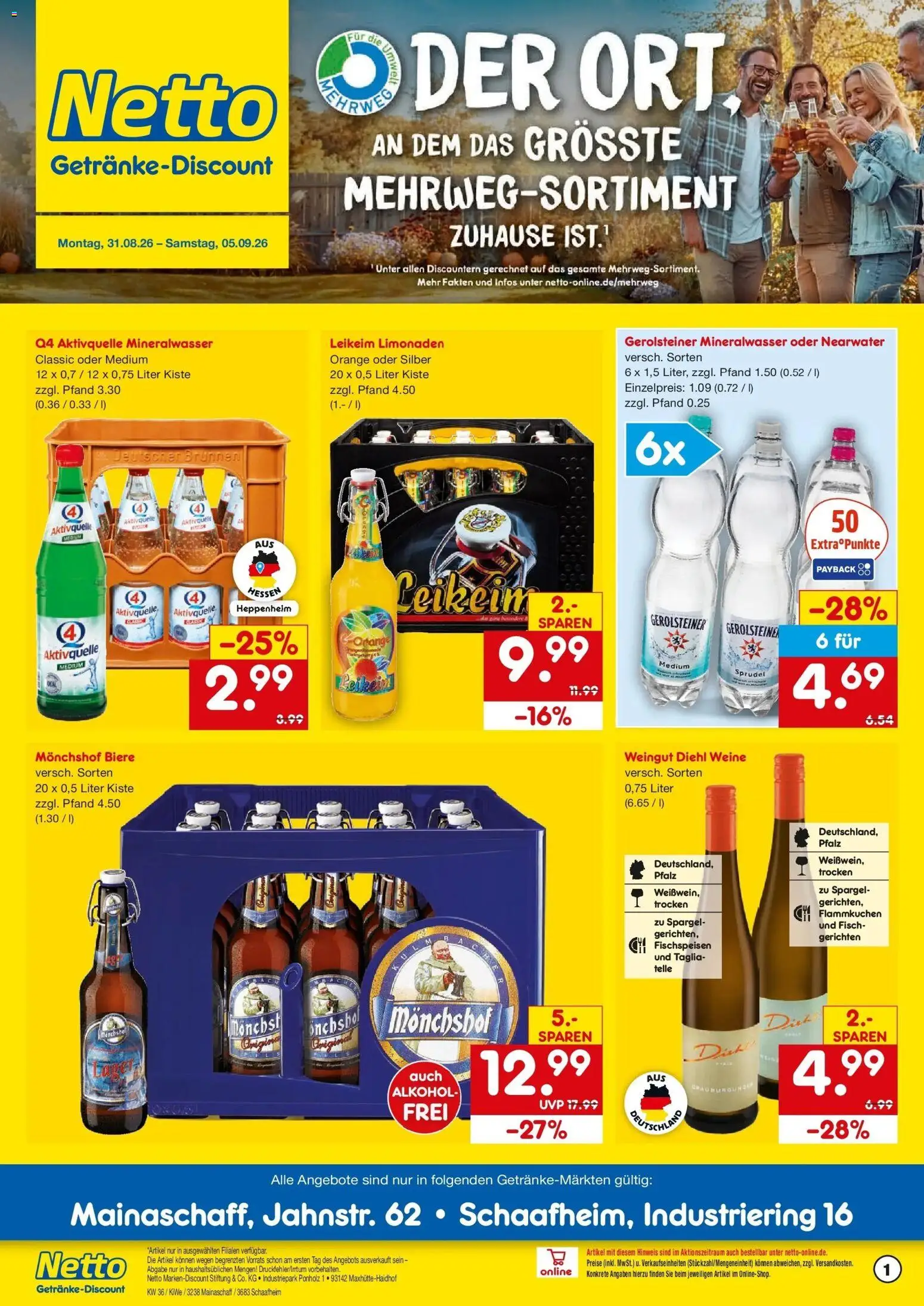 Netto Marken-Discount Prospekt Schaafheim – gültig ab 31.08.2026 | Seite: 1 | Produkte: Monchshof, Spargel, Mineralwasser, Alkohol