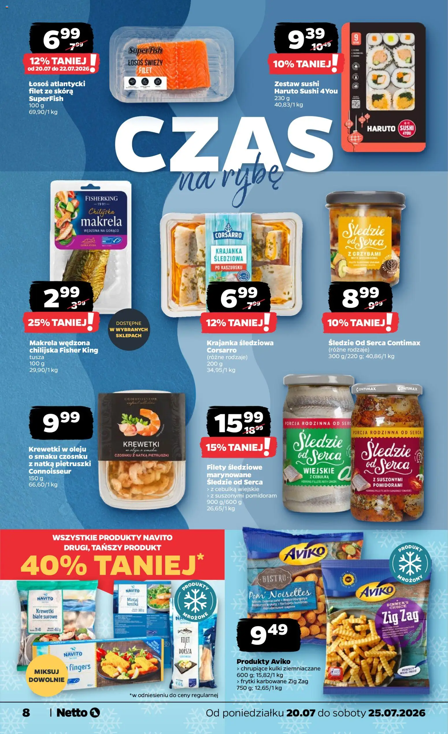 Netto gazetka od poniedziałku od 20.07.2026 | Strona: 8 | Produkty: Łosoś atlantycki, Krewetki, Makrela wędzona, Mintaj kostka