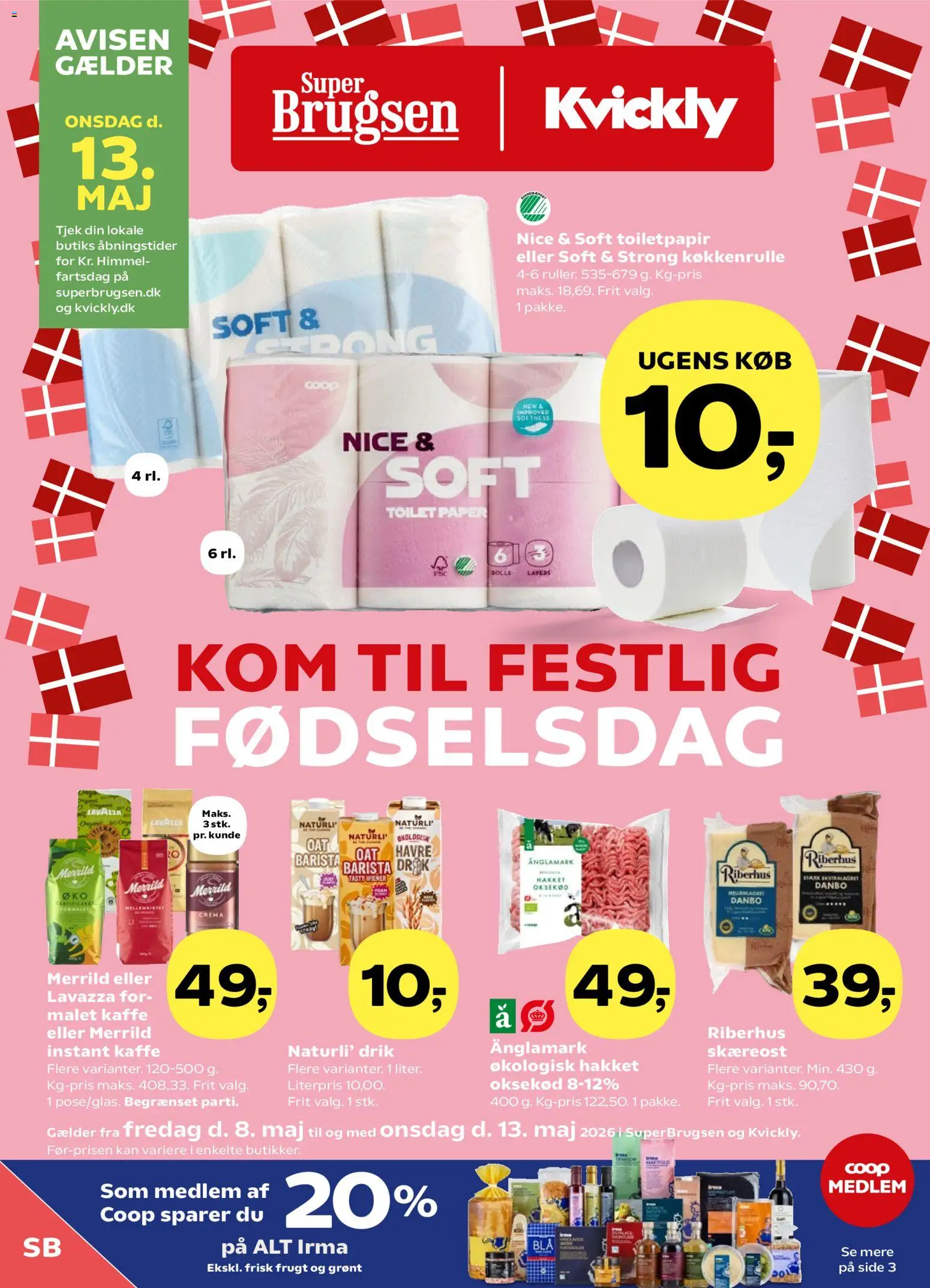 Super Brugsen tilbudsavis – gyldig fra 08.05.2026 | Side: 1 | Produkter: Kaffe, Oksekød, Søm, Instant Kaffe