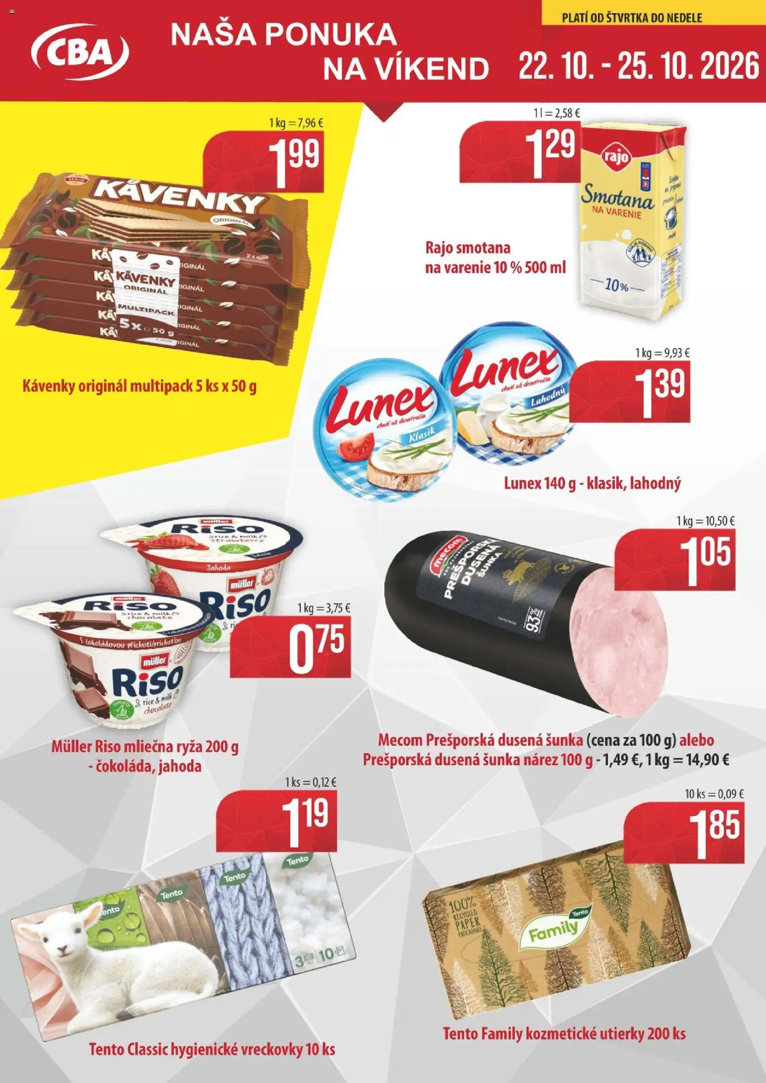 Nové Sintra akcie – leták je platný od 22.10.2026 | Strana: 1 | Produkty: Šunka, Smotana, Mliečna ryža, Smotana na varenie