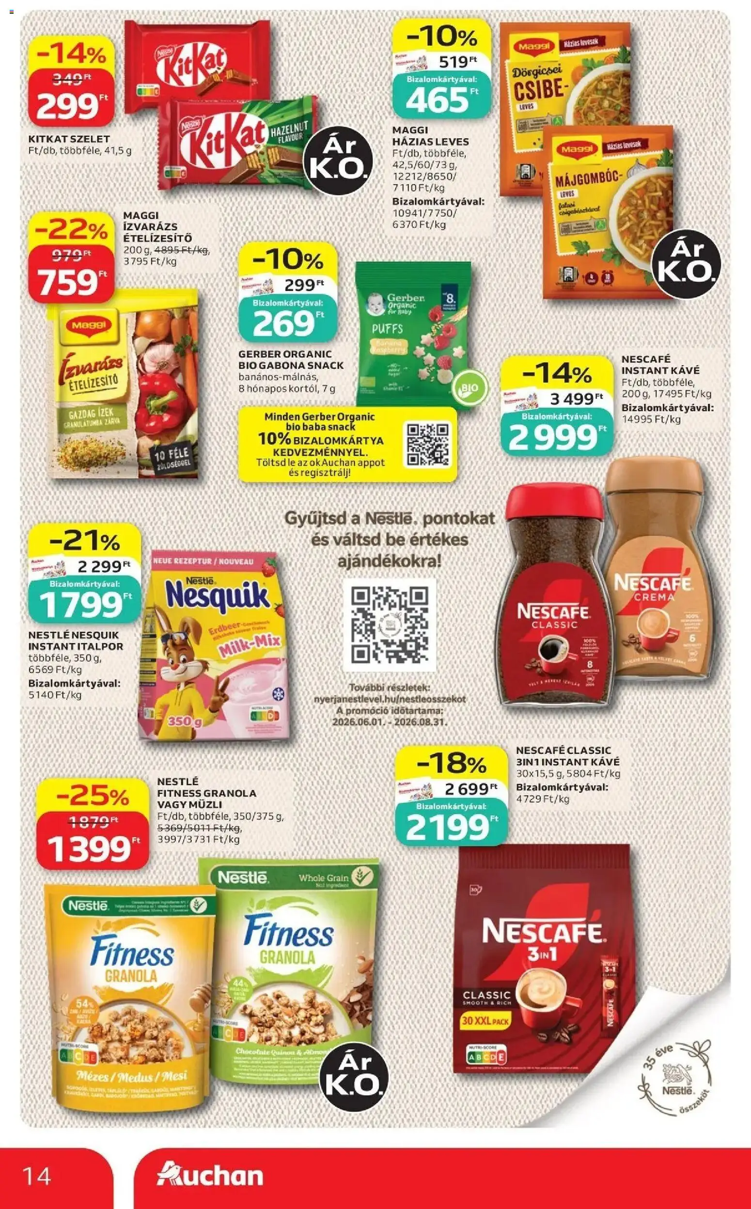 Auchan akciós újság Szolnok - 2026.08.21. -tól/töl > akció, lapozható szórólap 🛍️ | Oldal: 14 | Termékek: Szelet, Müzli, Maggi, Leves