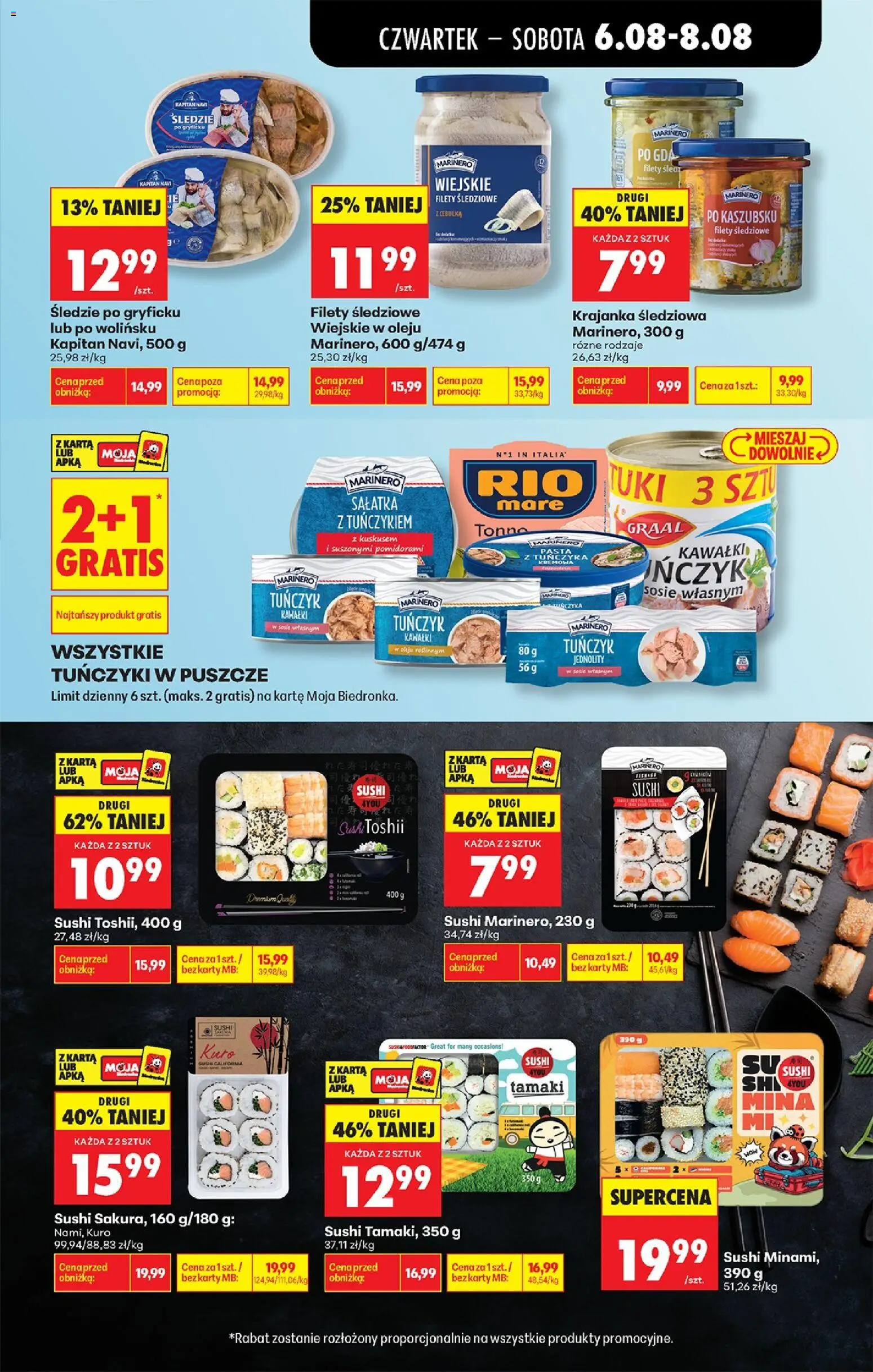 Biedronka gazetka od czwartku od 06.08.2026 | Strona: 39 | Produkty: Karta, Tuńczyk w sosie własnym, Tuńczyk, Sushi