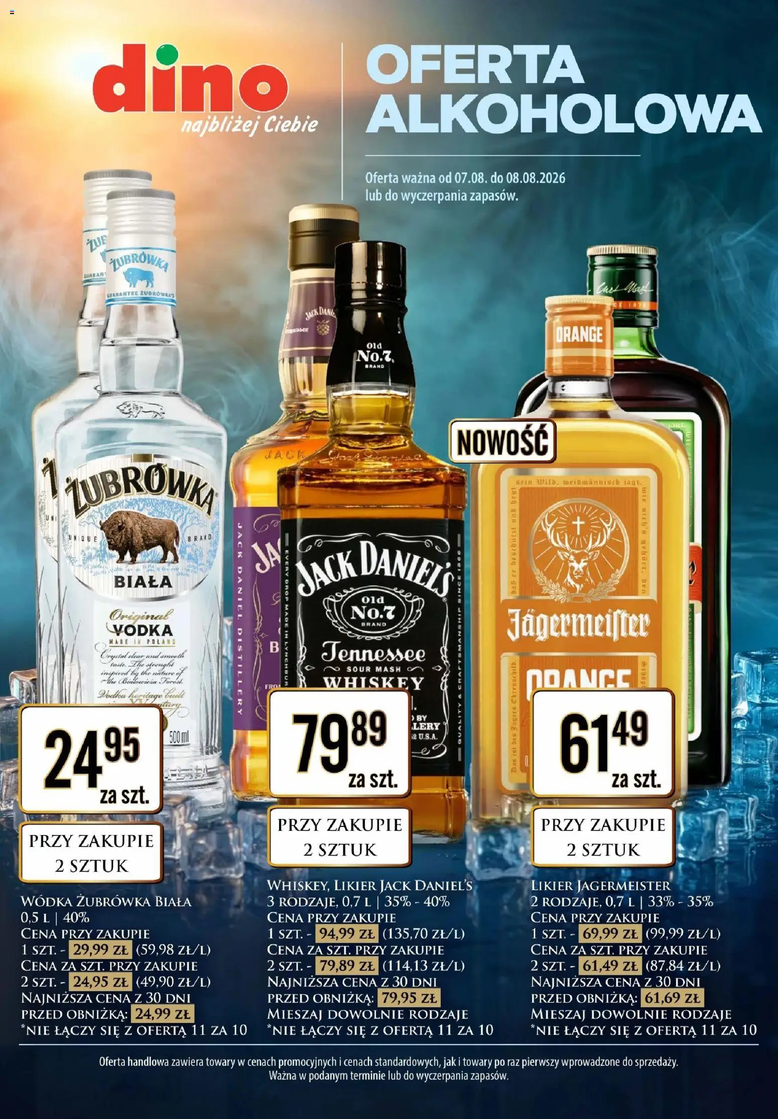 Dino gazetka alkoholowa od 07.08.2026 | Strona: 1 | Produkty: Likier Jägermeister, Żubrówka, Jagermeister, Vodka