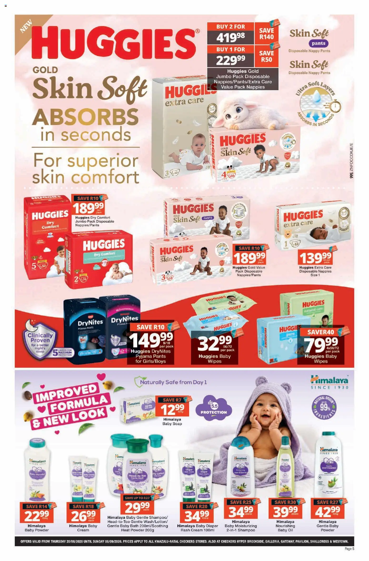 New Checkers catalogue – valid from 20/08/2026 | Page: 5 | Products: Bath, Oil, Shampoo, Nappies
