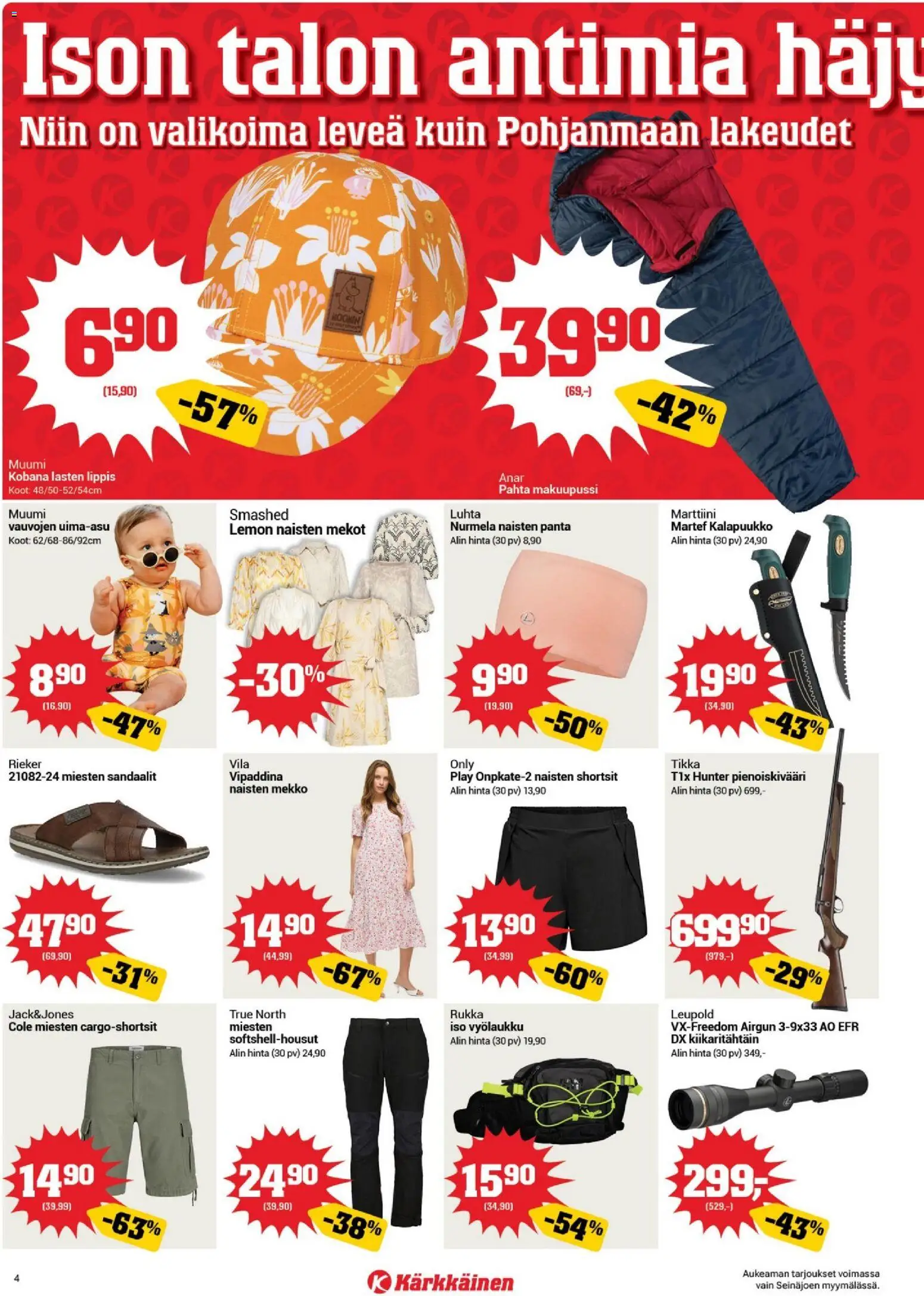 Kärkkäinen tarjoukset - Seinäjoen alue – voimassa 03.06.2026 alkaen | Sivu: 4 | Tuotteet: Shortsit, Sandaalit, Lippis, Mekko
