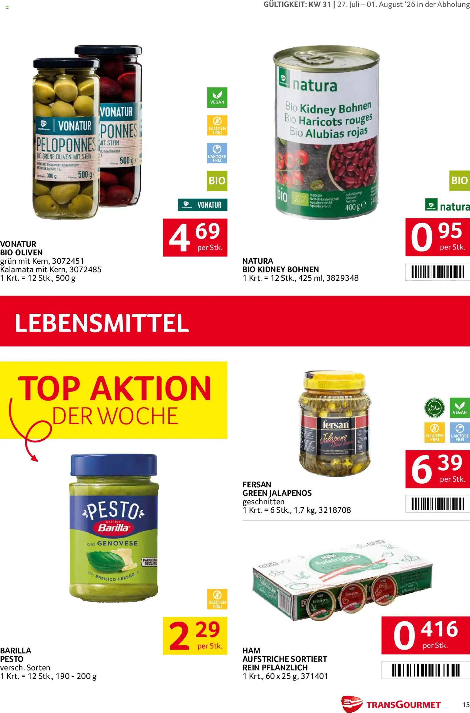 Transgourmet Flugblatt gültig ab 27.07.2026 | Seite: 15 | Produkte: Chili, Lebensmittel, Barilla, Oliven