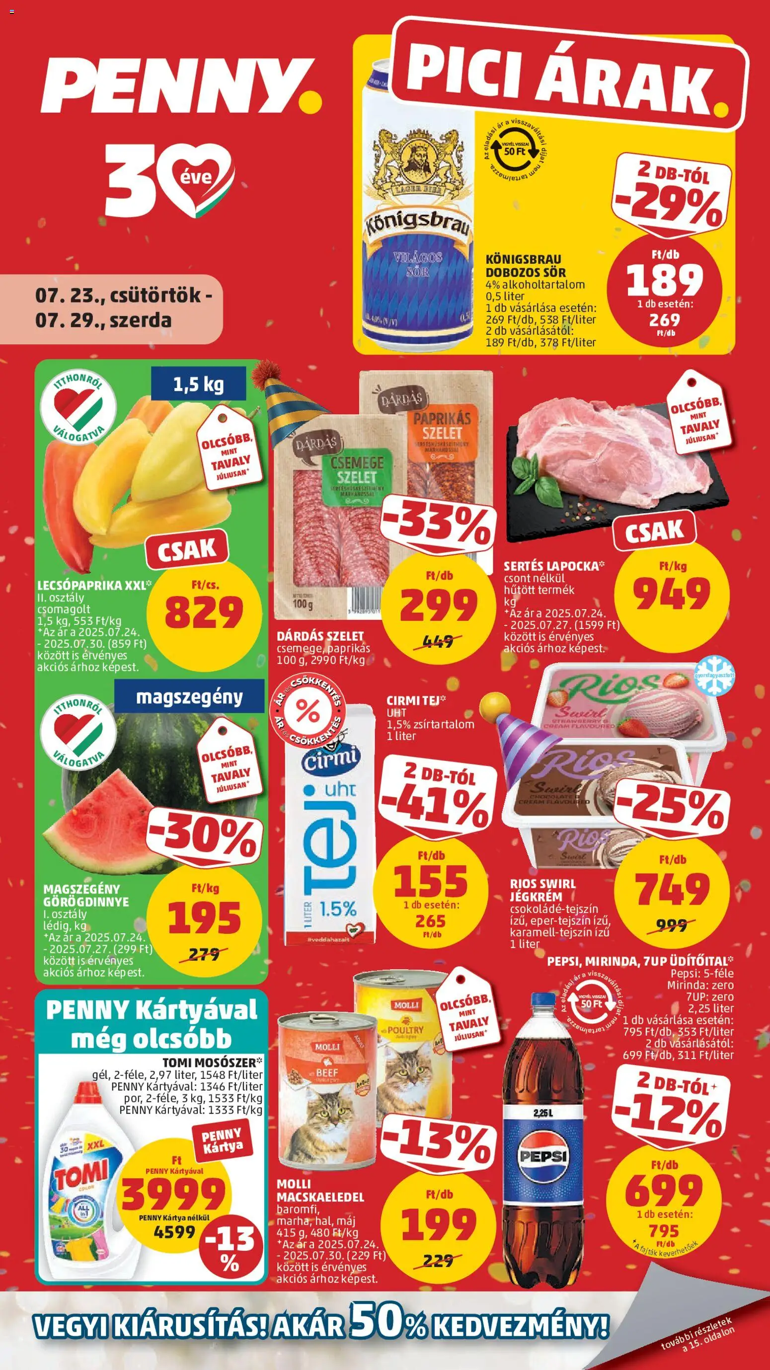 PENNY akciós ujság - amely érvényes a következő dátumtól: 2026.07.23. | Oldal: 1 | Termékek: Szelet, Pepsi, Mirinda, Sör