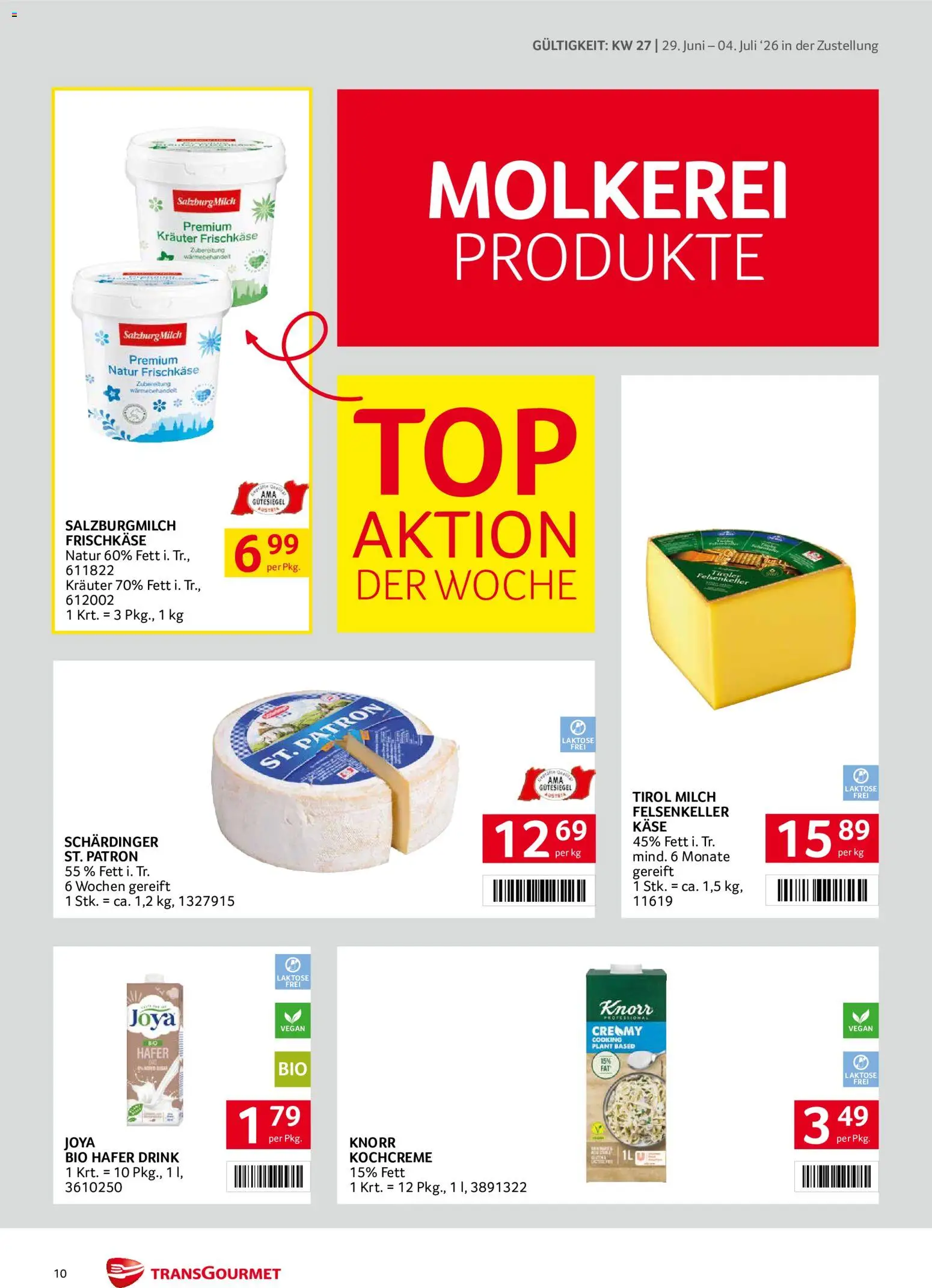 Transgourmet Zustellaktion gültig ab 29.06.2026 | Seite: 10 | Produkte: Milch, Käse