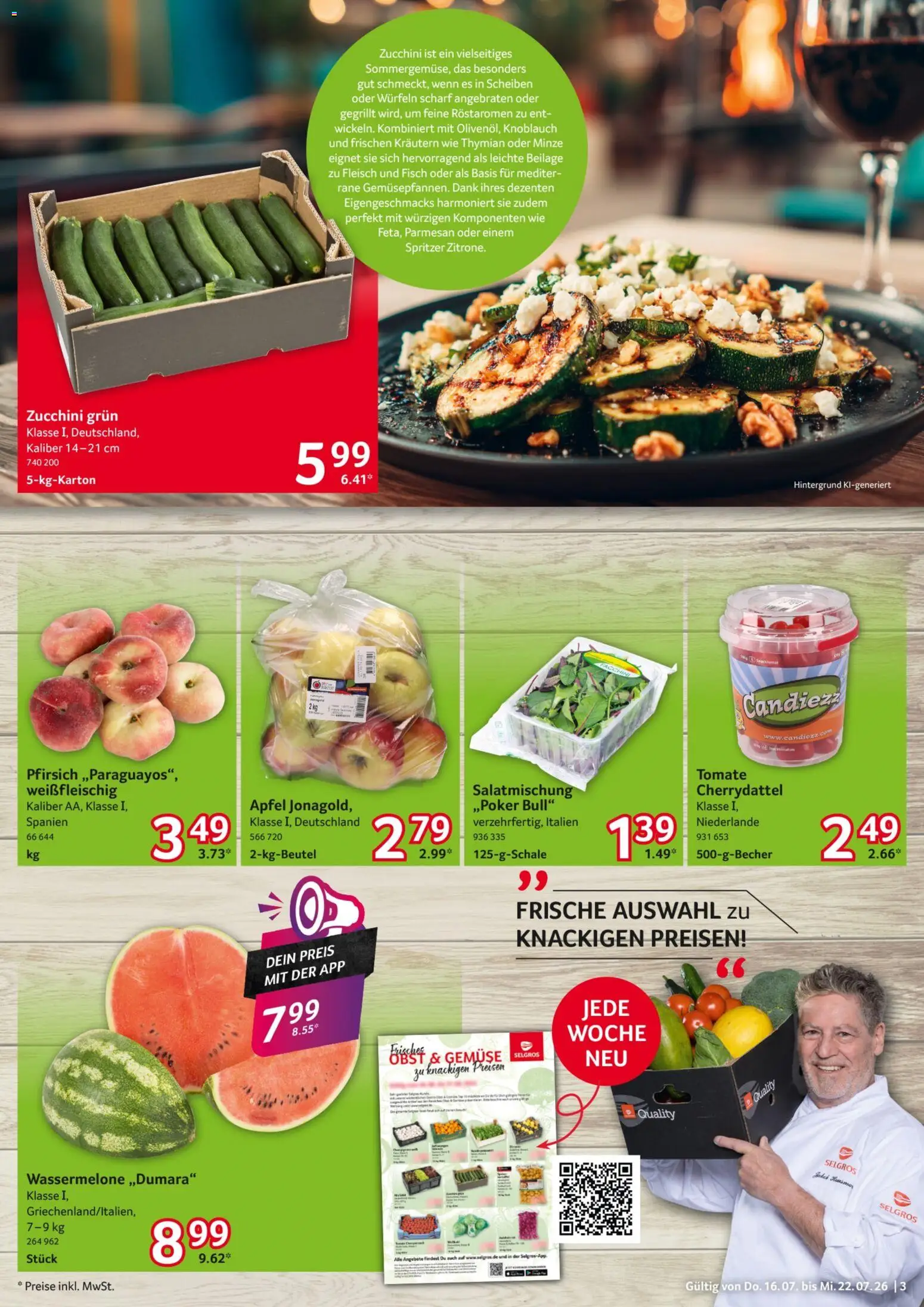 Selgros Prospekt – gültig ab 16.07.2026 | Seite: 3 | Produkte: Fisch, Gemüse, Pfirsich, Zucchini