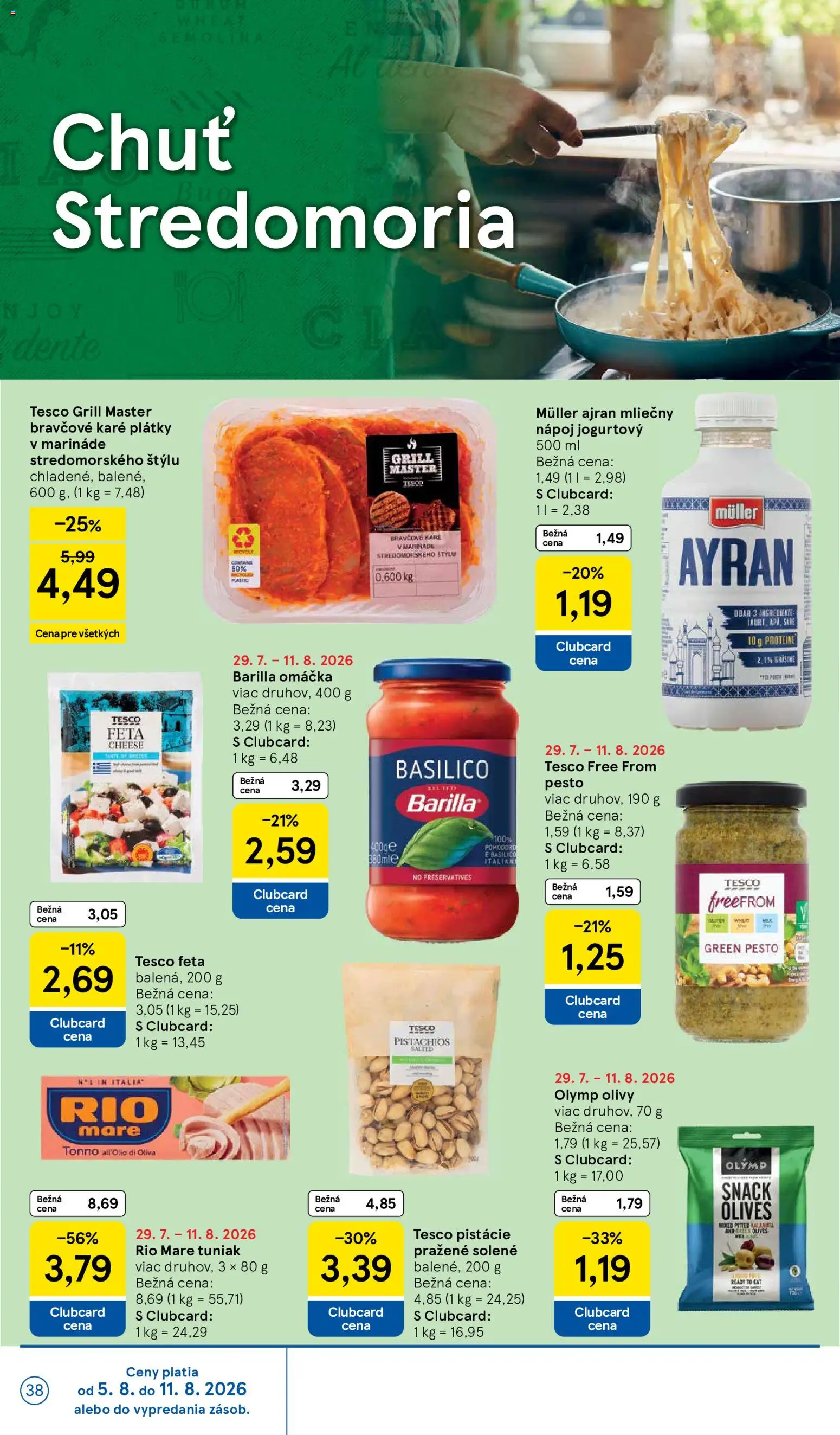 Nové Tesco akcie – leták je platný od 05.08.2026 | Strana: 38 | Produkty: Tuniak, Feta, Barilla, Pesto