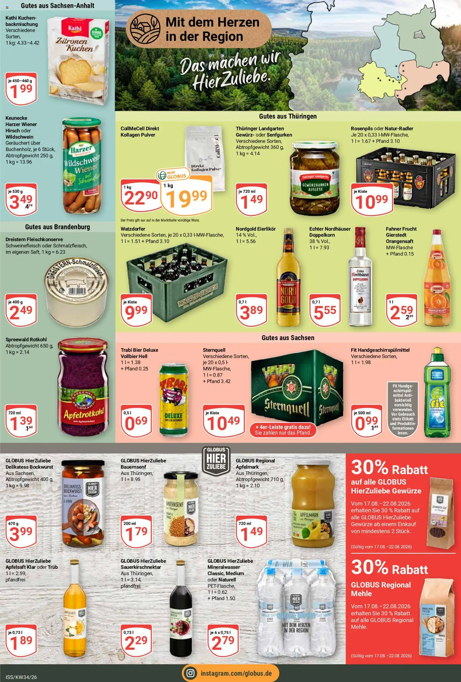 Globus Prospekt – gültig ab 17.08.2026 | Seite: 5 | Produkte: Bockwurst, Apfelsaft, Mineralwasser, Schweinefleisch