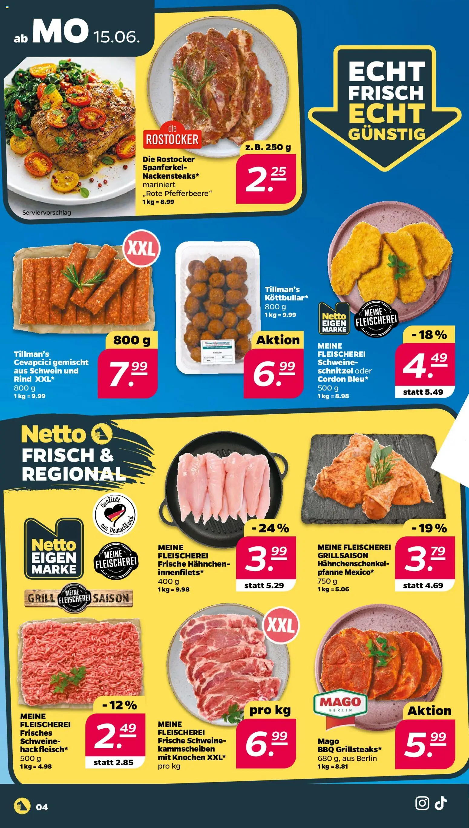 Netto Prospekt – gültig ab 15.06.2026 | Seite: 4 | Produkte: Hahnchen, Hahnchenschenkel, Cevapcici, Schnitzel