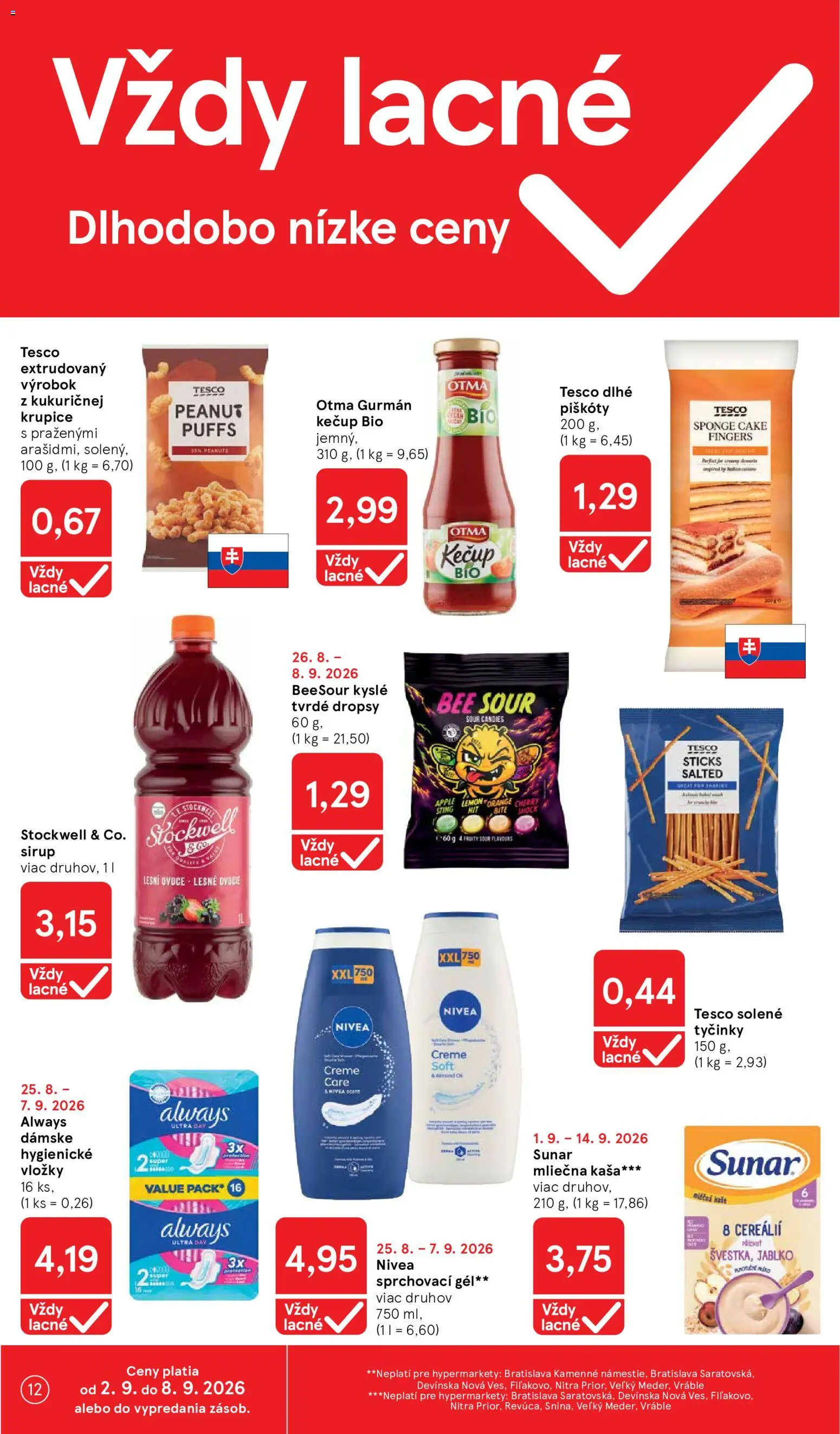 Nové Tesco akcie – leták je platný od 02.09.2026 | Strana: 12 | Produkty: Piškóty, Nivea, Apple, Kaša