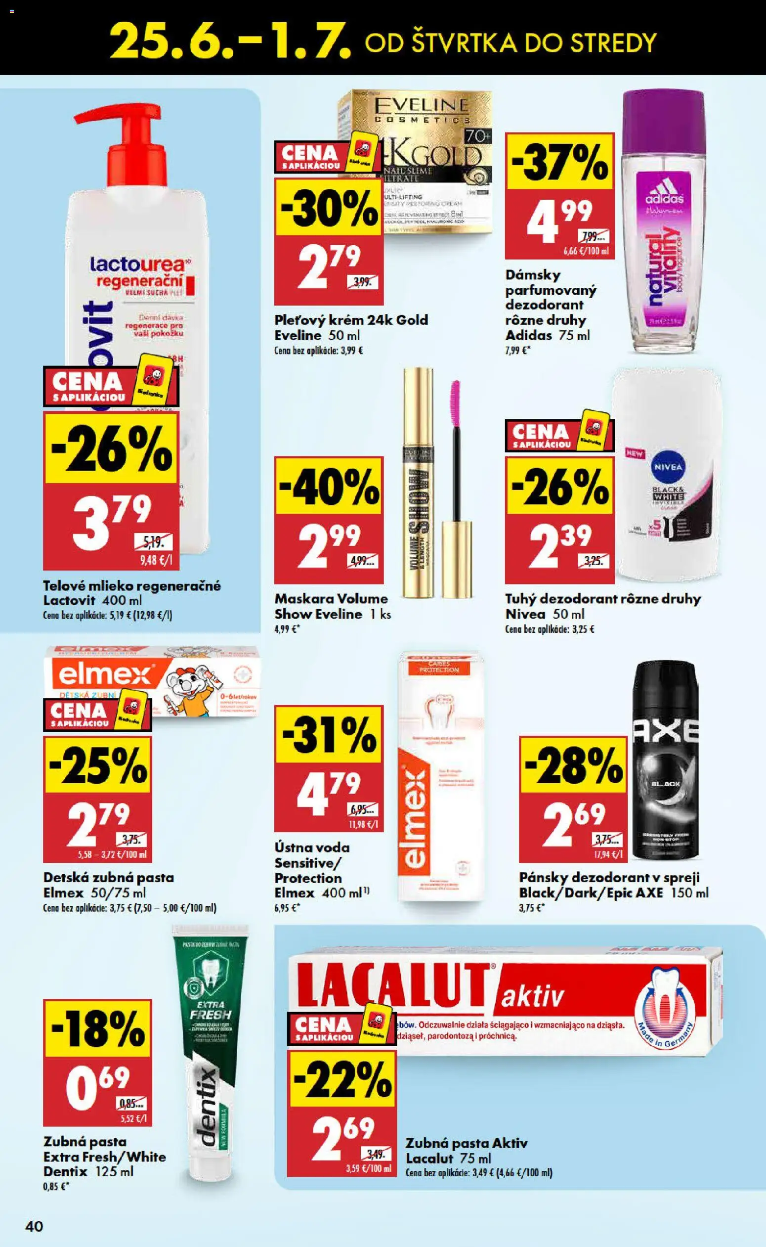 Nové Biedronka akcie – leták je platný od 25.06.2026 | Strana: 40 | Produkty: Telové mlieko, Krém, Voda, Lactovit