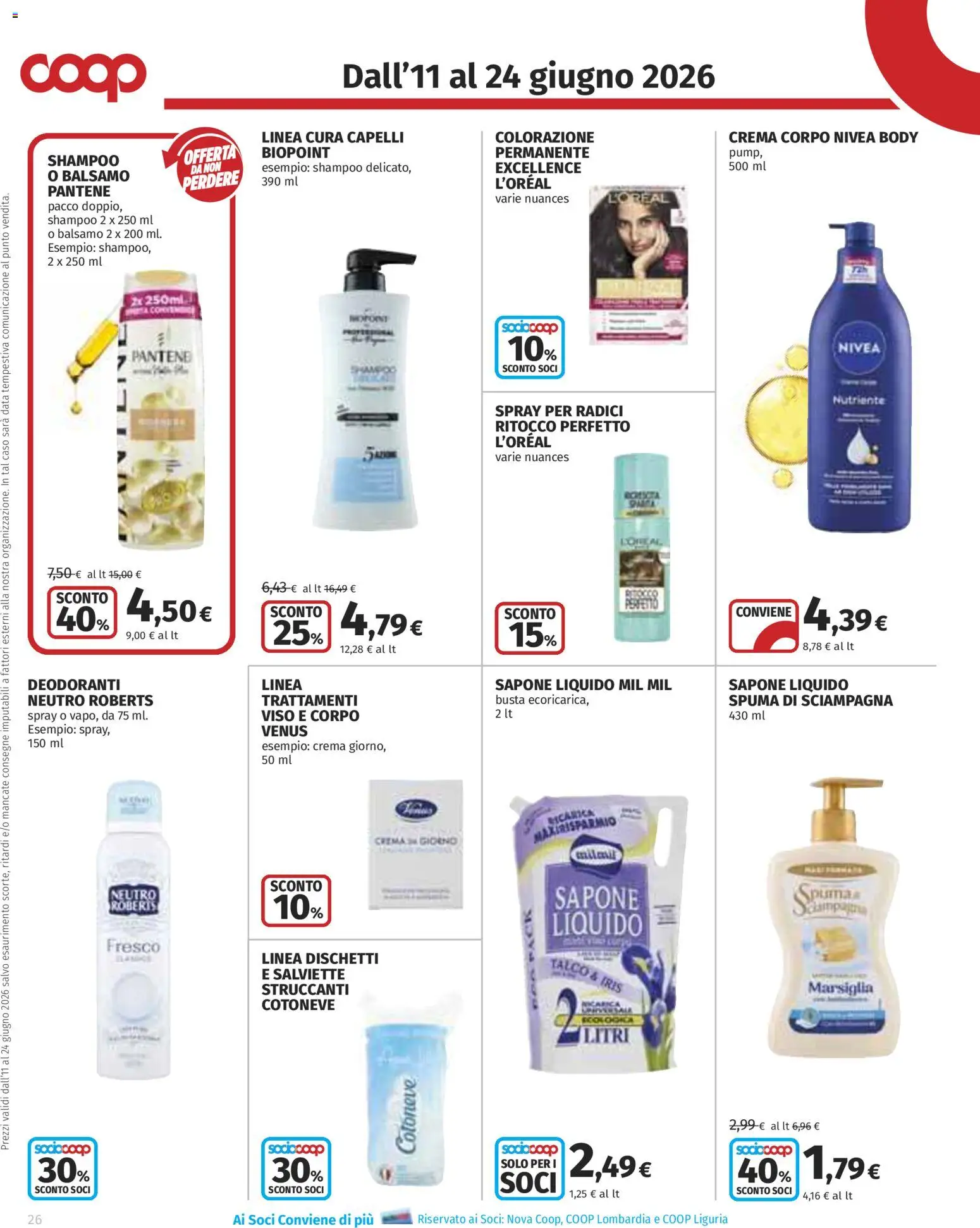 Volantino COOP del 11.06.2026 | Pagina: 26 | Prodotti: Shampoo, Balsamo, Sapone, Talco